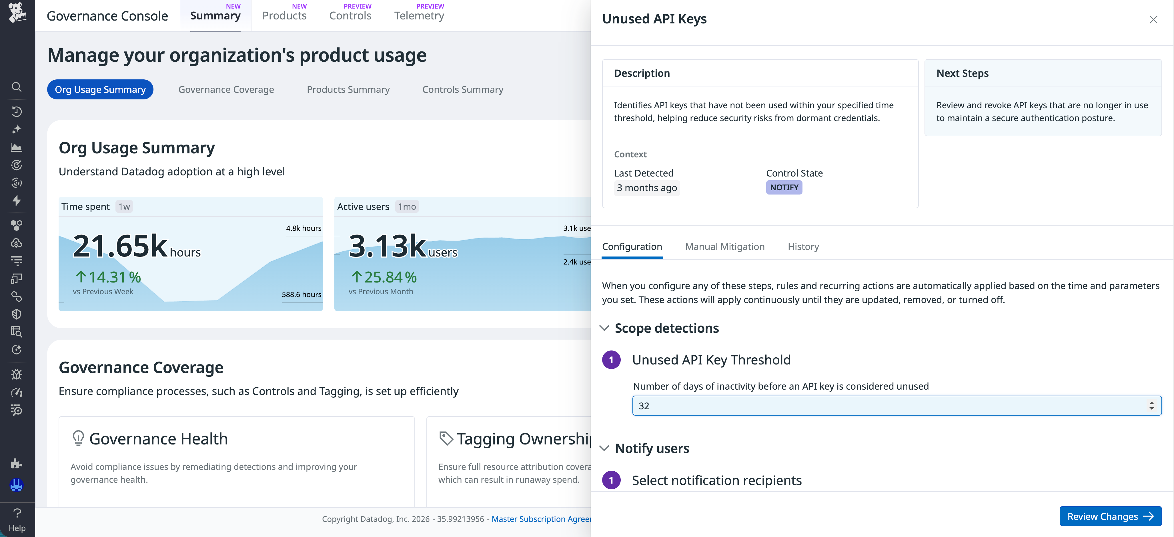 Governance Console control panel showing the Unused API Keys control with detection, notification, and enforcement options.