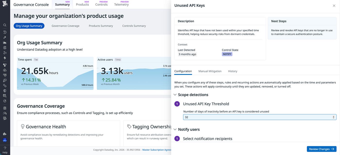 Governance Console control panel showing the Unused API Keys control with detection, notification, and enforcement options. Governance Console control panel showing the Unused API Keys control with detection, notification, and enforcement options.