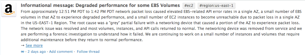 AWS failure update seen from Datadog