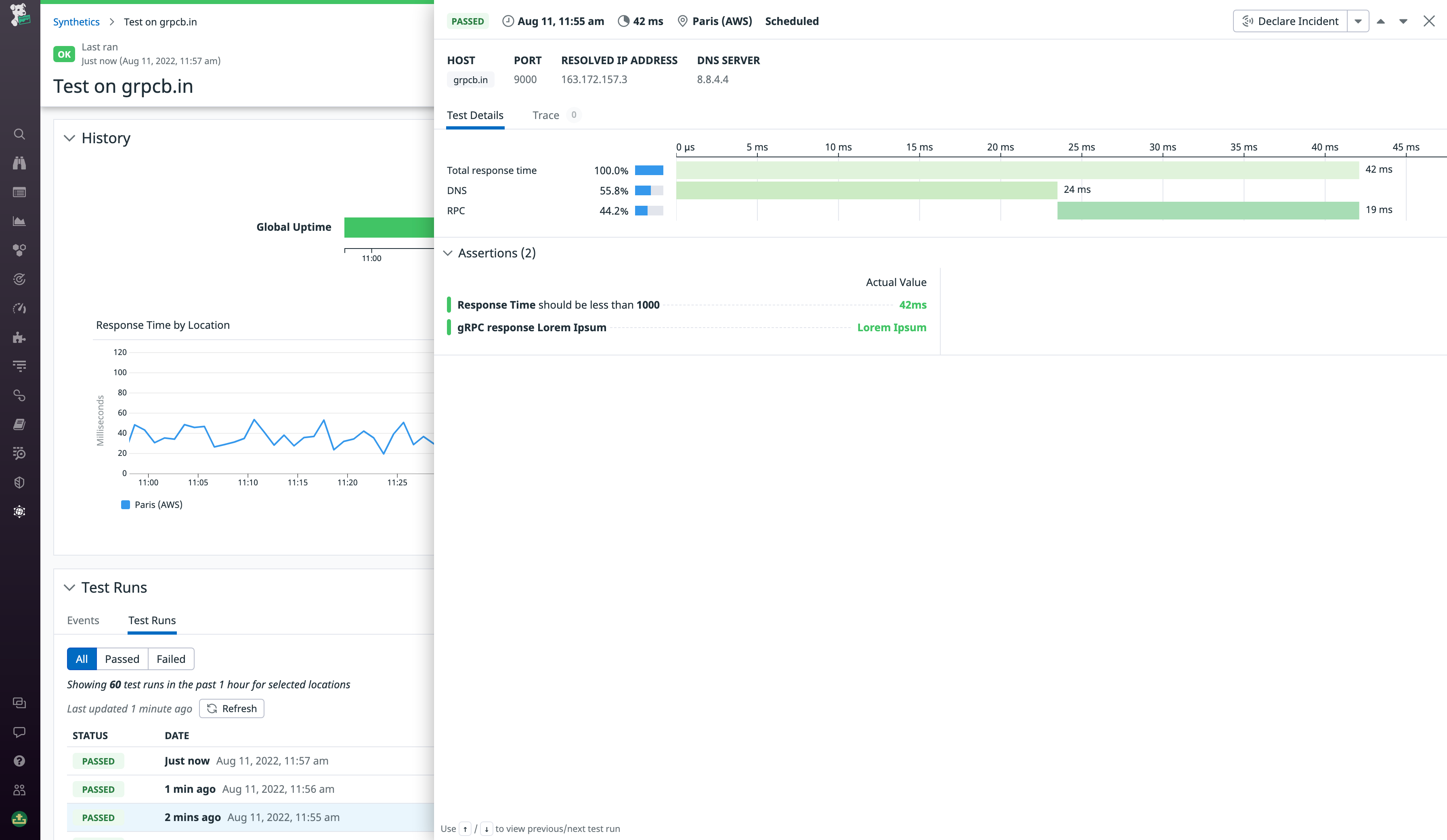 View details about individual gRPC health check runs.