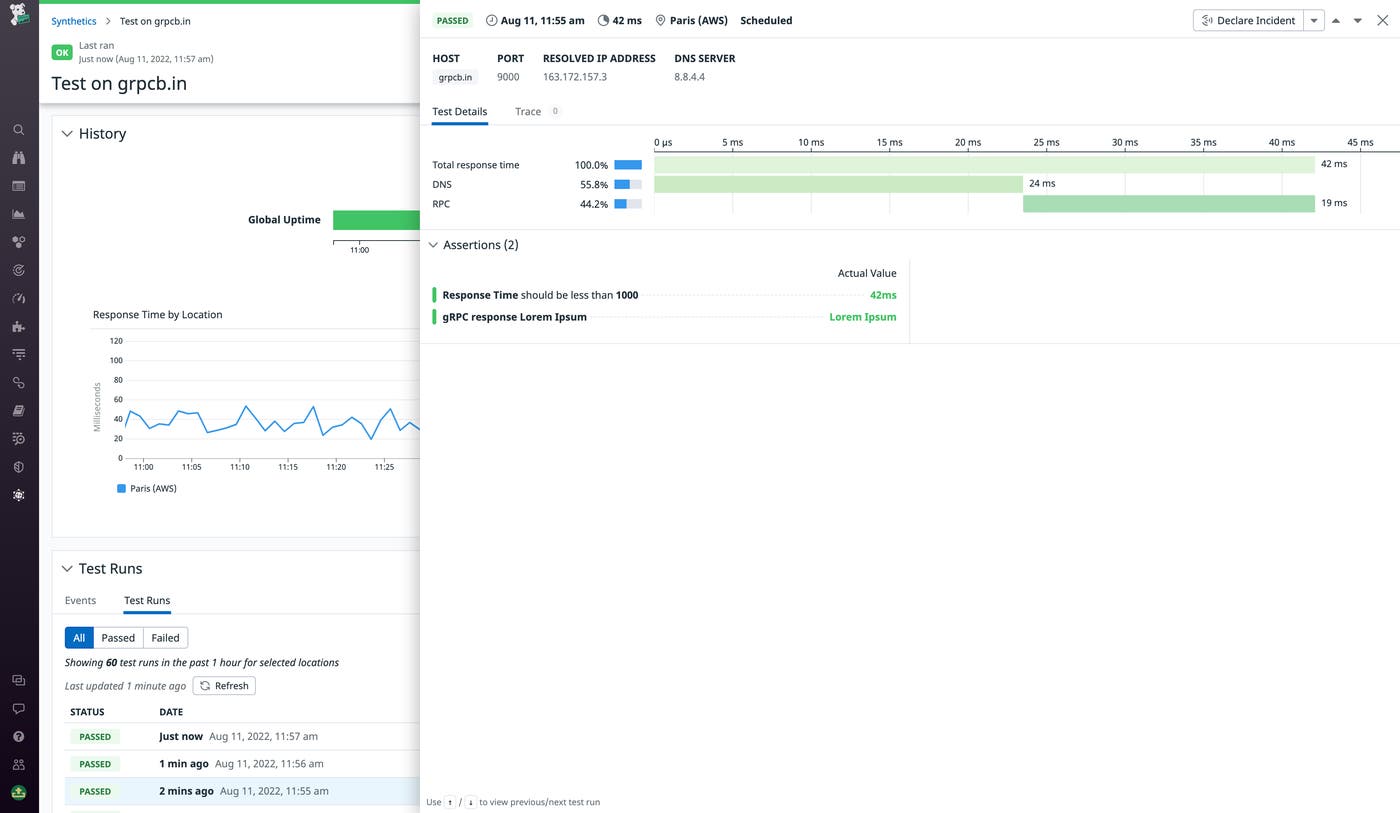 View details about individual gRPC health check runs. View details about individual gRPC health check runs.