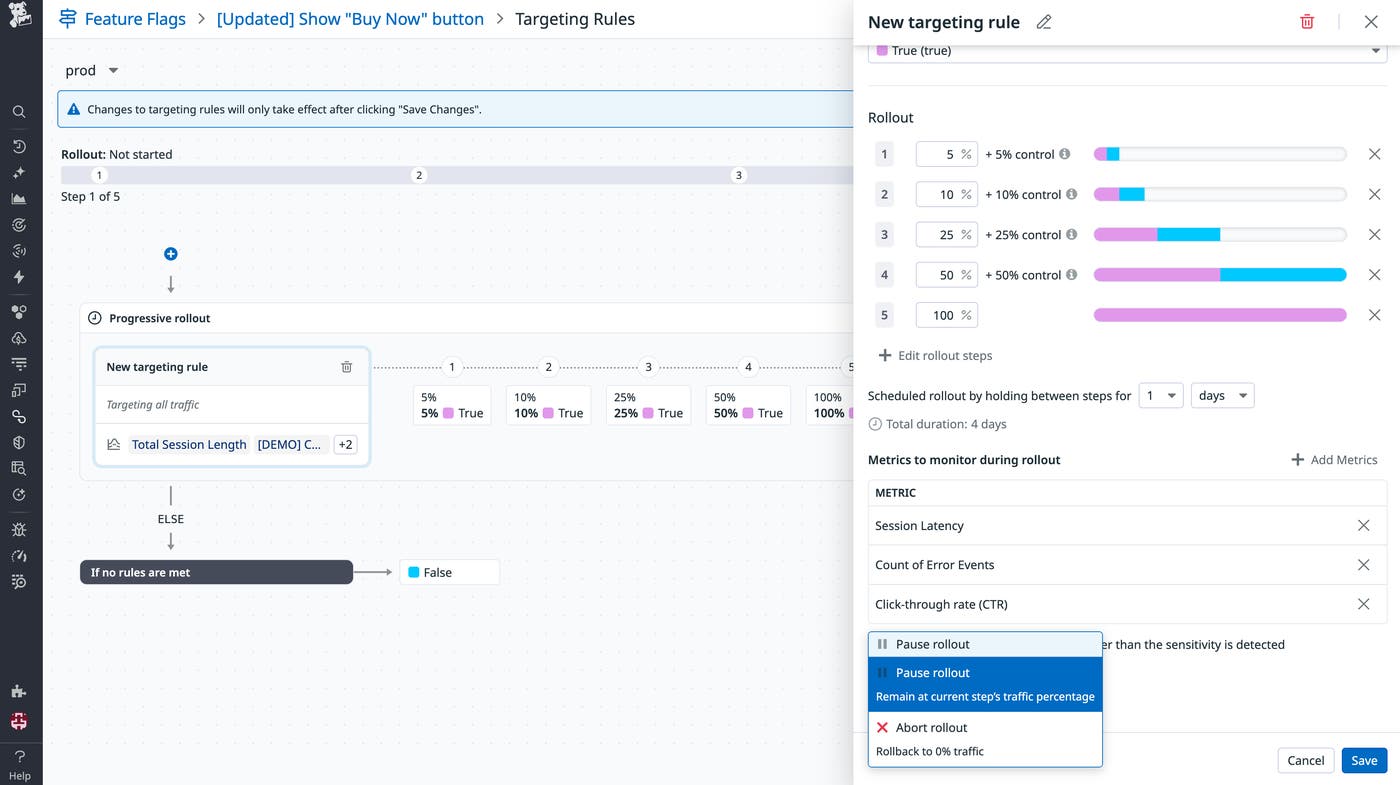 A screenshot showing how guardrail metrics are used in Datadog Feature Flags. A screenshot showing how guardrail metrics are used in Datadog Feature Flags.