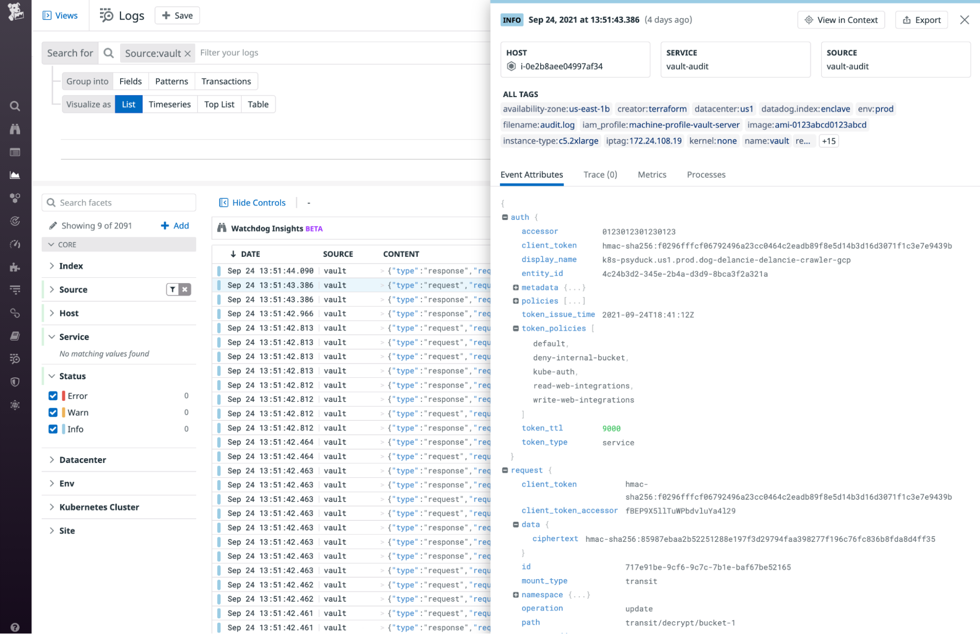 The Log Explorer shows Vault audit logs and focuses on a single log, showing the JSON-formatted log attributes.