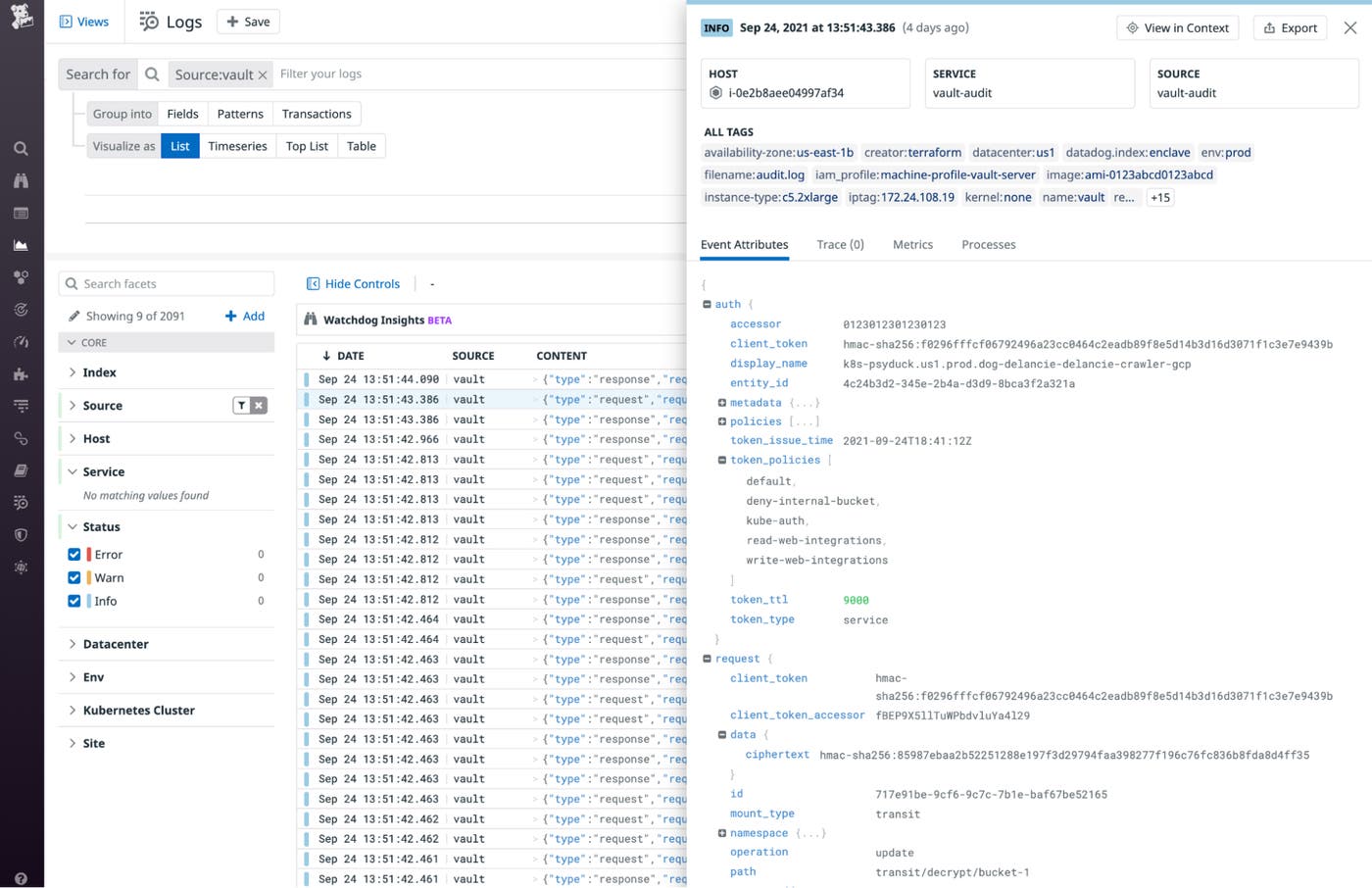 The Log Explorer shows Vault audit logs and focuses on a single log, showing the JSON-formatted log attributes. The Log Explorer shows Vault audit logs and focuses on a single log, showing the JSON-formatted log attributes.
