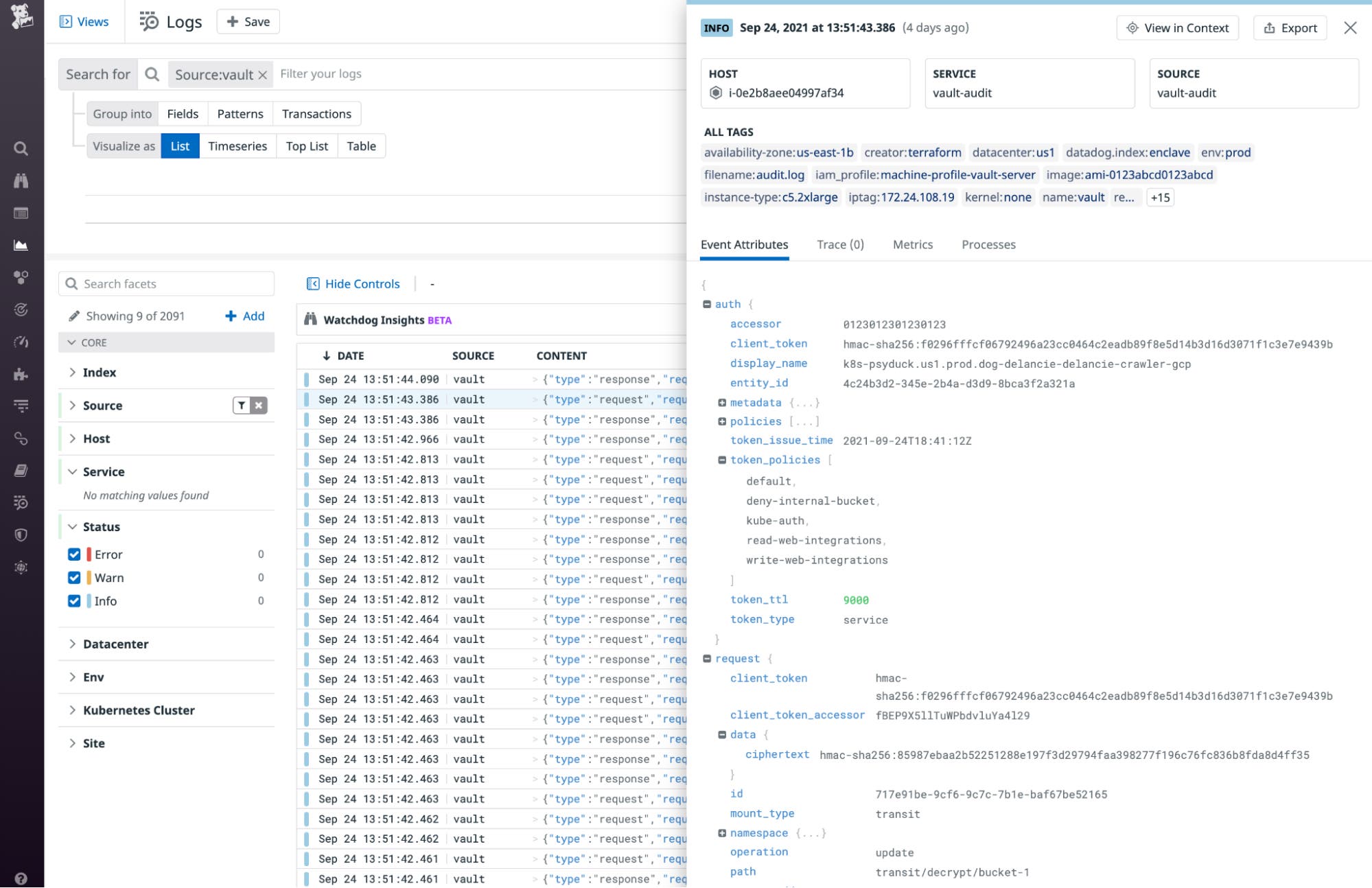The Log Explorer shows Vault audit logs and focuses on a single log, showing the JSON-formatted log attributes. The Log Explorer shows Vault audit logs and focuses on a single log, showing the JSON-formatted log attributes.
