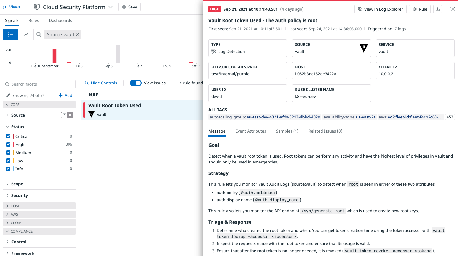 A Vault security signal shows that a root token was detected in use and prescribes actions you should take.