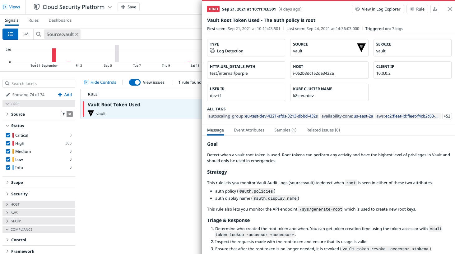A Vault security signal shows that a root token was detected in use and prescribes actions you should take. A Vault security signal shows that a root token was detected in use and prescribes actions you should take.