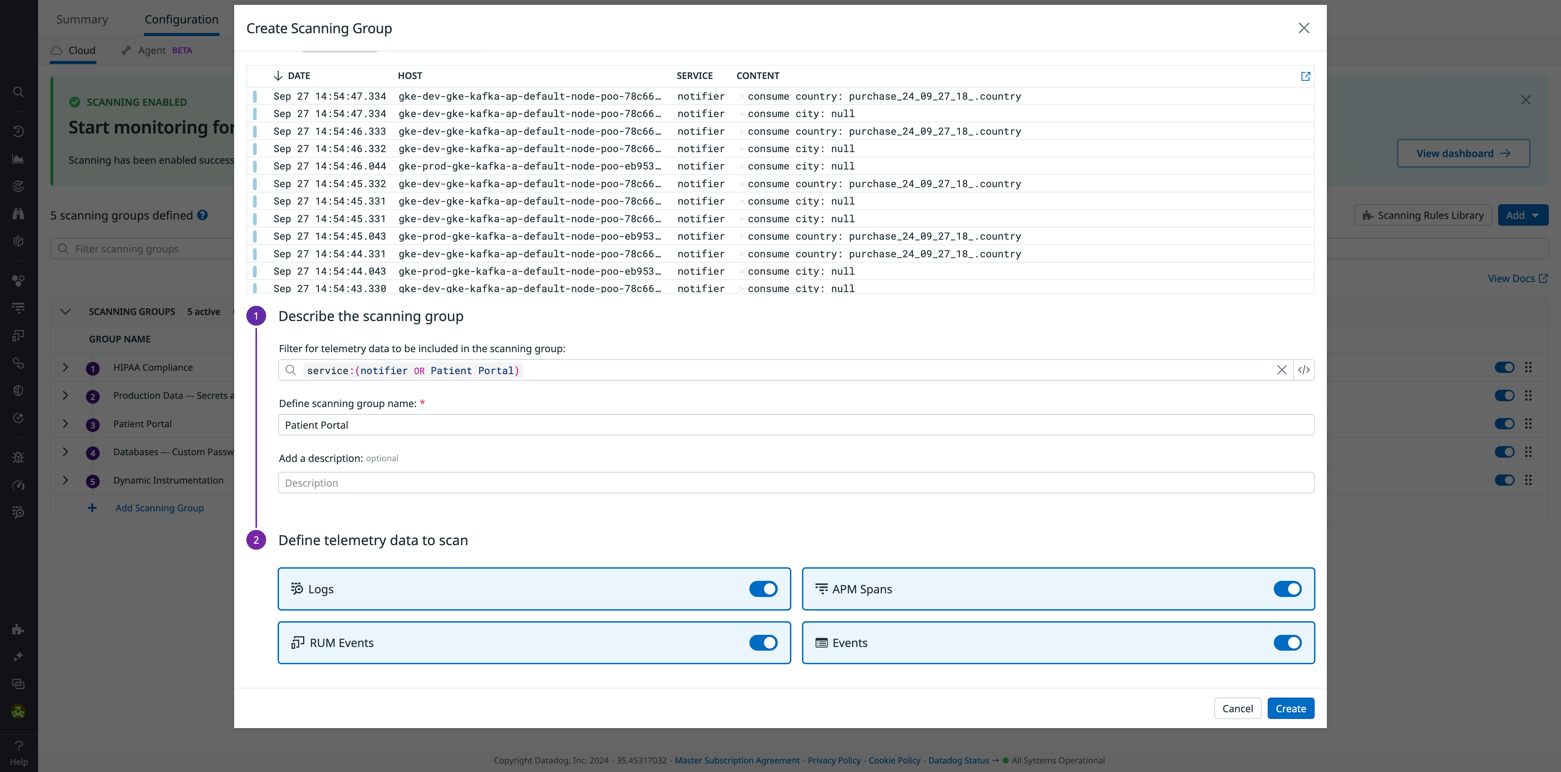 The Create a Scanning Group page in Sensitive Data Scanner.