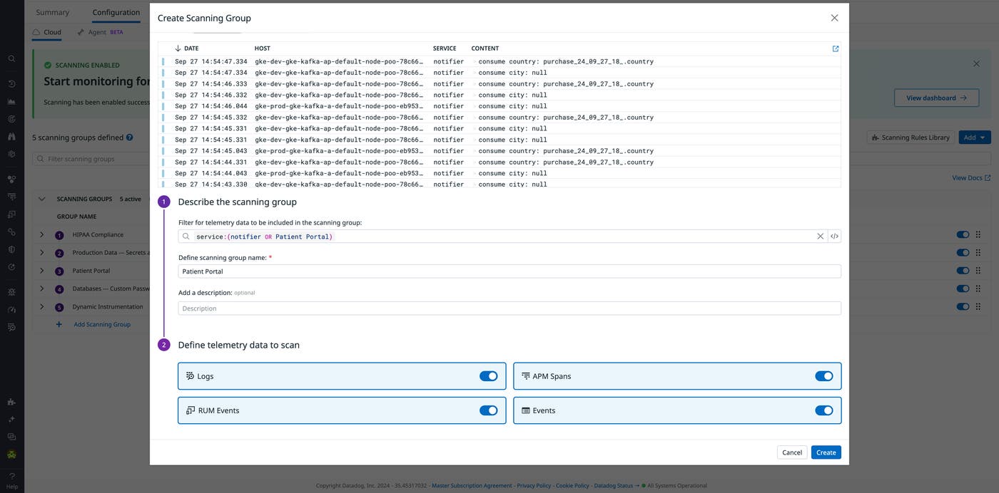 The Create a Scanning Group page in Sensitive Data Scanner. The Create a Scanning Group page in Sensitive Data Scanner.