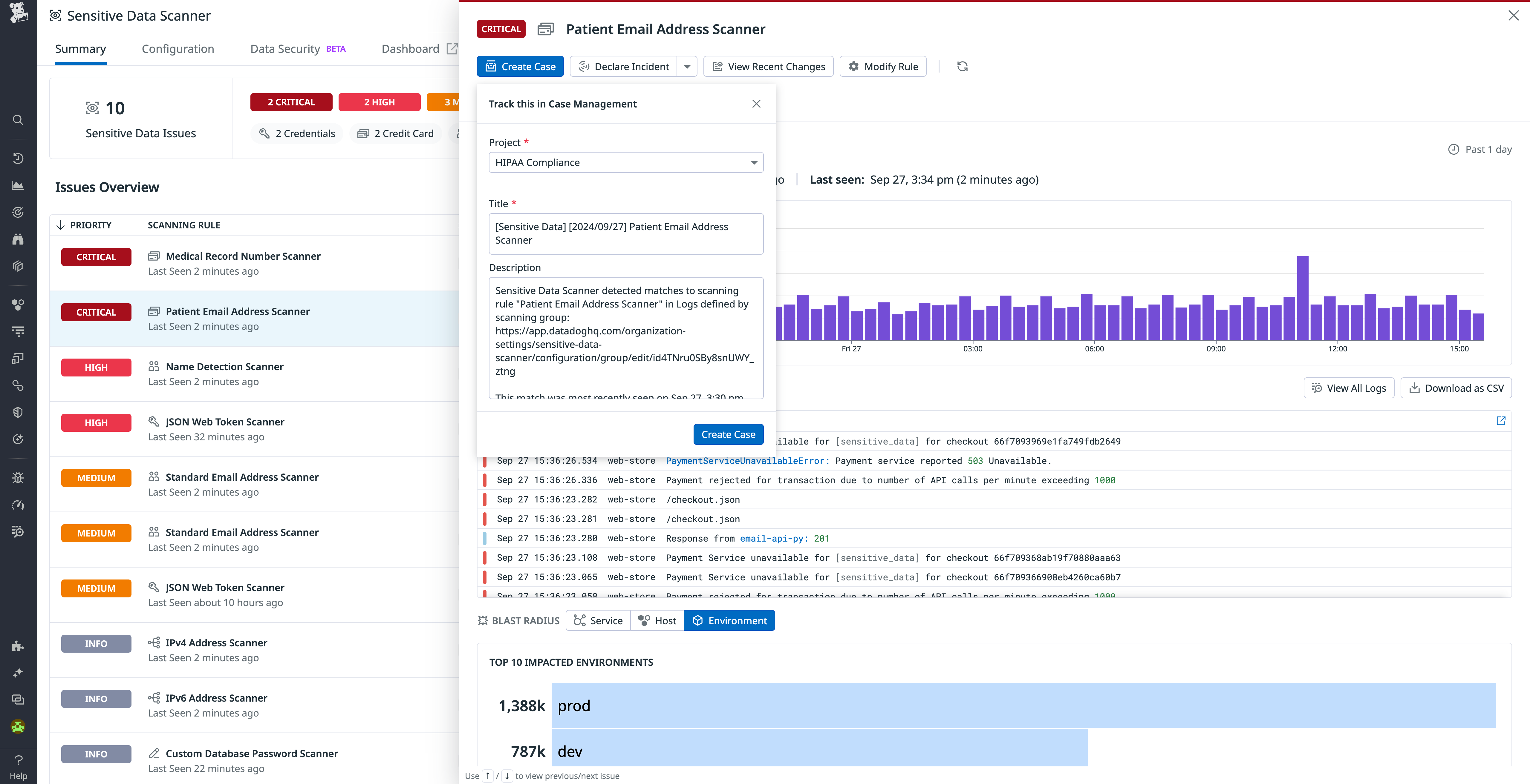 Create a case or declare an incident from Sensitive Data Scanner.