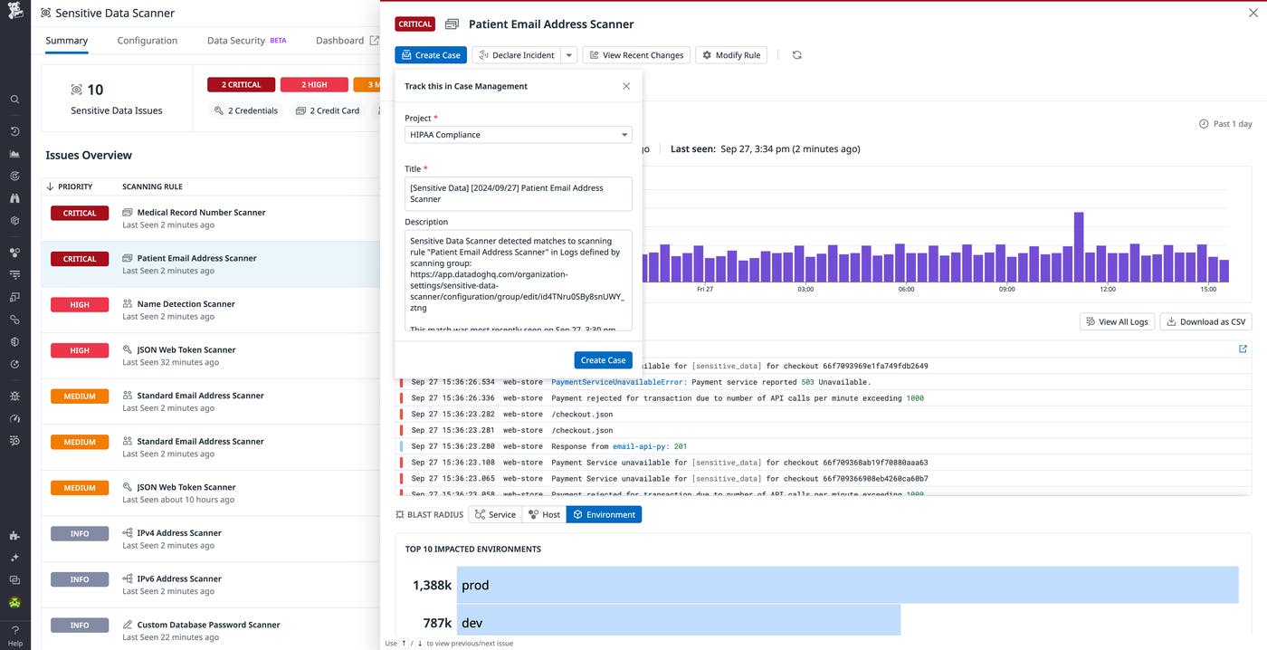Create a case or declare an incident from Sensitive Data Scanner. Create a case or declare an incident from Sensitive Data Scanner.