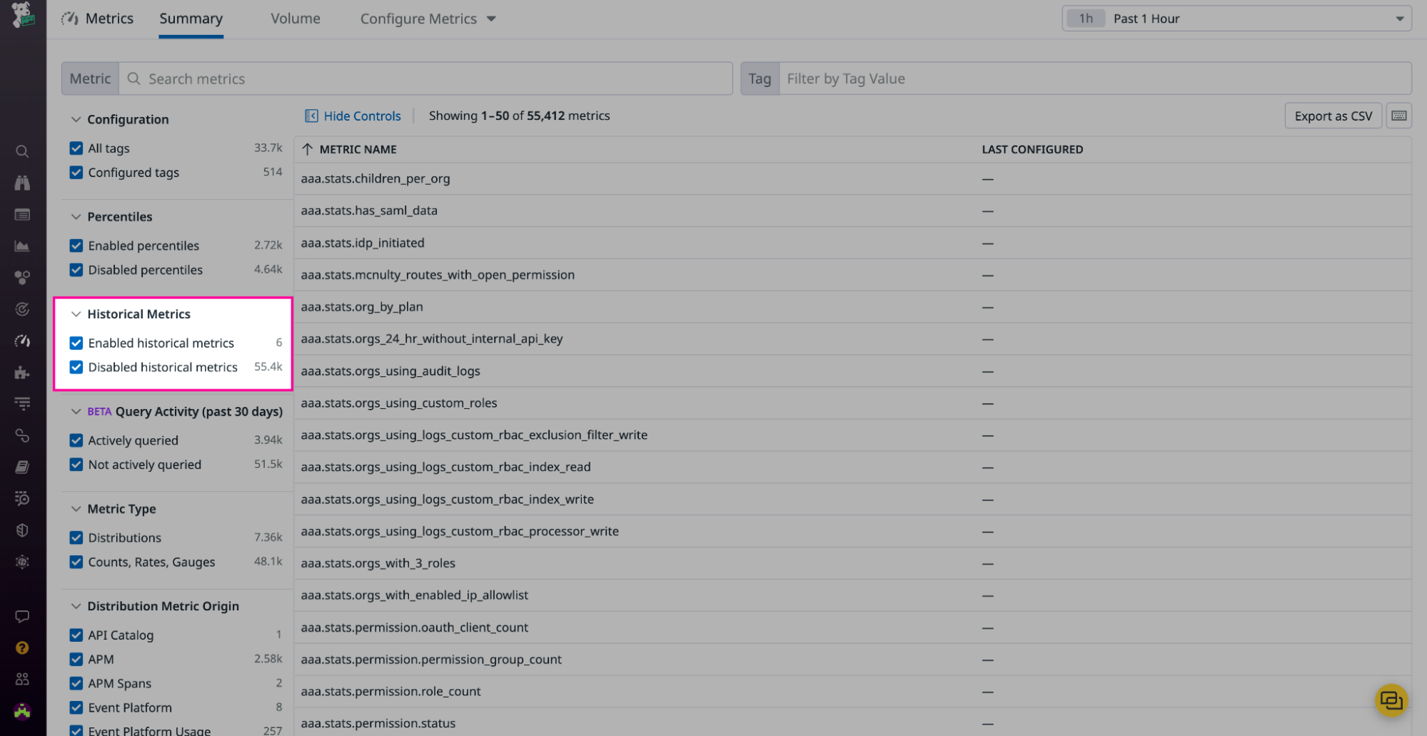 Historical Metrics facet box in Metrics Summary