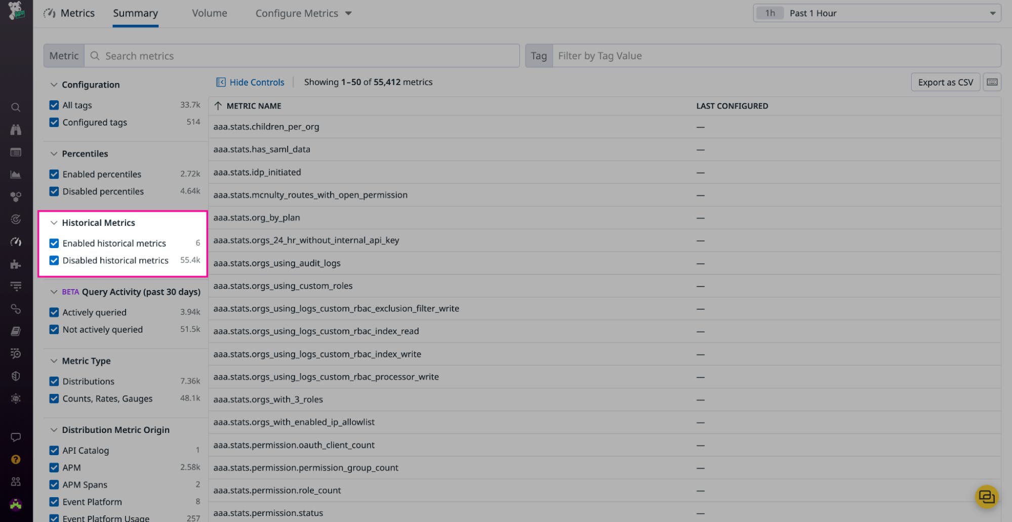 Historical Metrics facet box in Metrics Summary Historical Metrics facet box in Metrics Summary