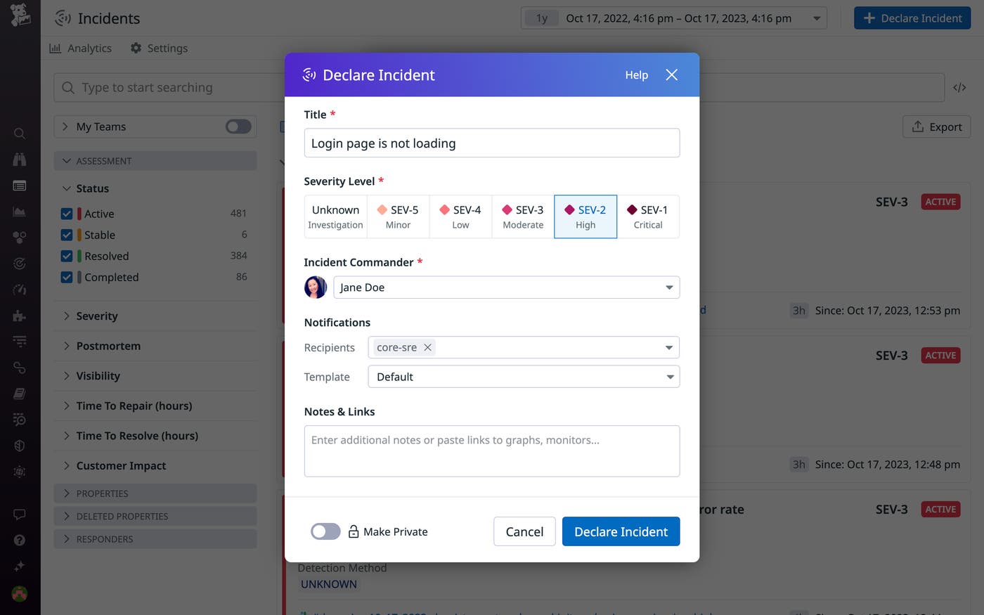 Declaring an incident in Datadog after initial triage Declaring an incident in Datadog after initial triage
