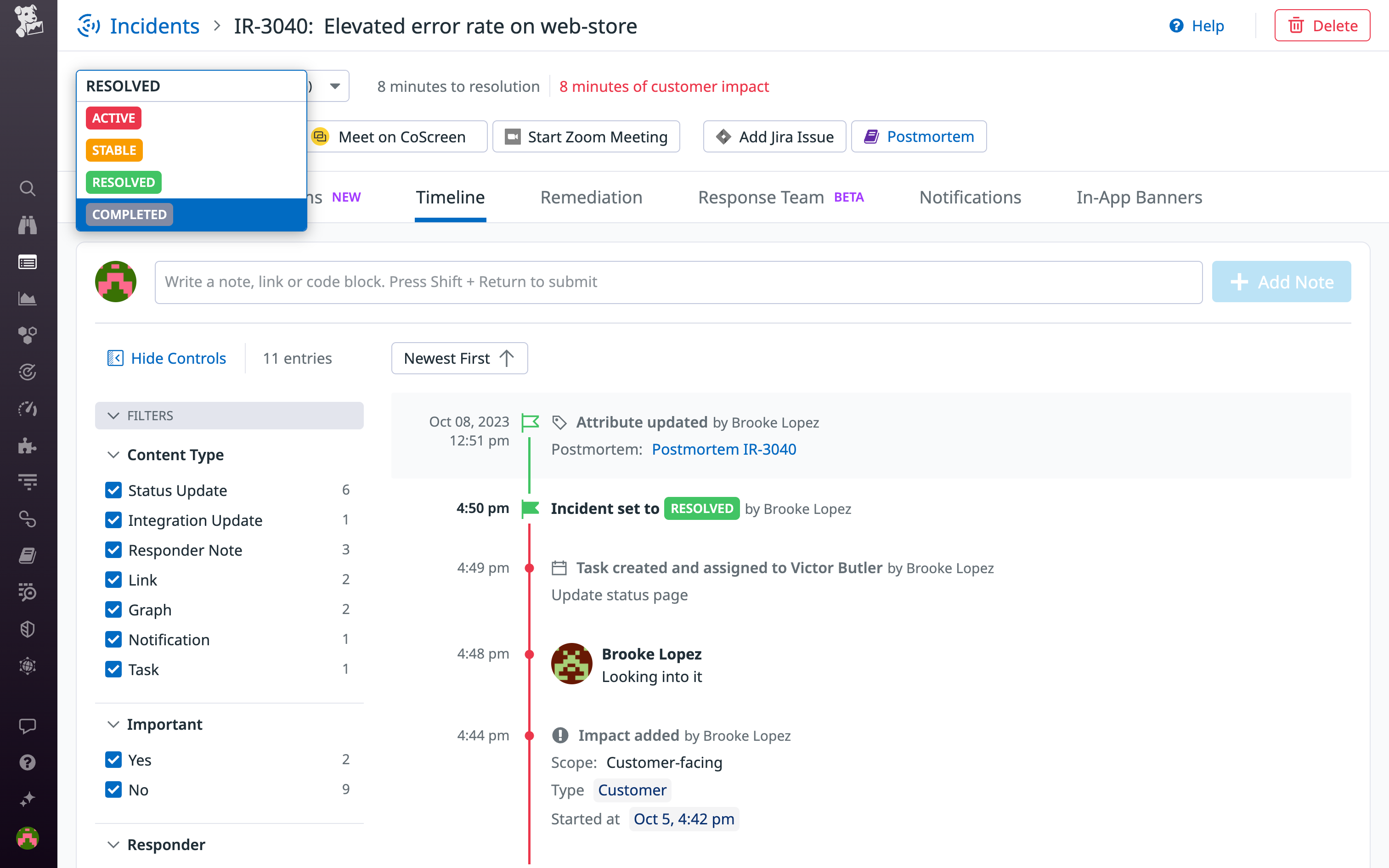 Updating the status of an incident in Datadog Incident Management