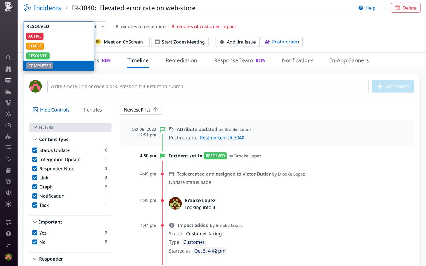 Updating the status of an incident in Datadog Incident Management Updating the status of an incident in Datadog Incident Management