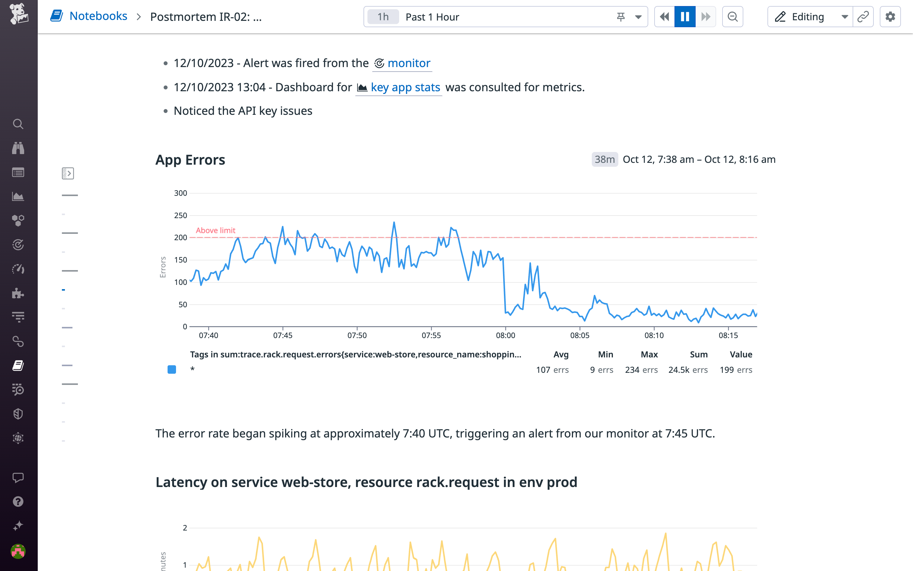 An incident postmortem in Datadog Notebooks