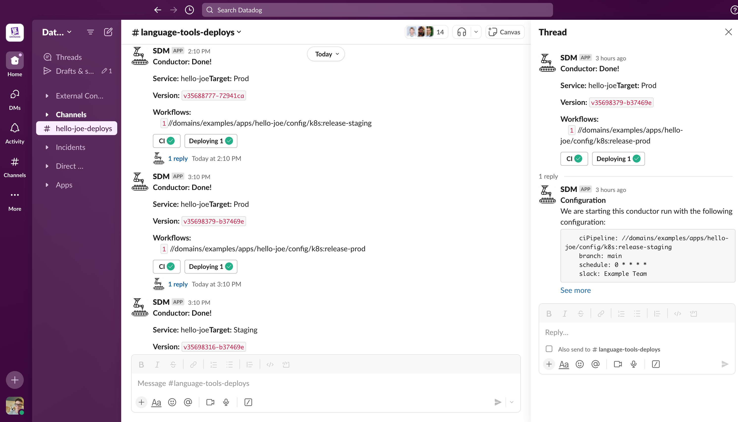 An example of a Conductor message in Slack.