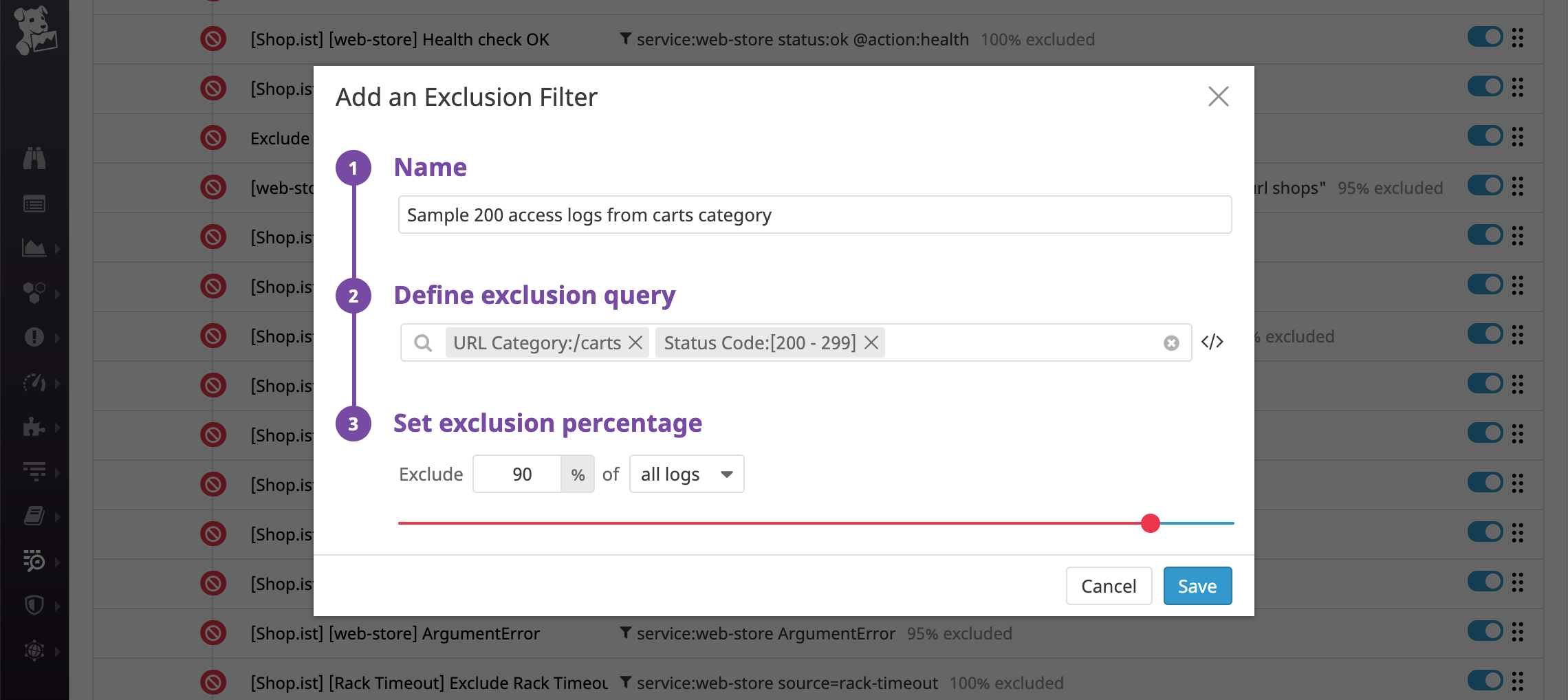 To save on costs, you can configure the exclusion filter to index only 10 percent of logs from the carts category that have a 2xx status code.