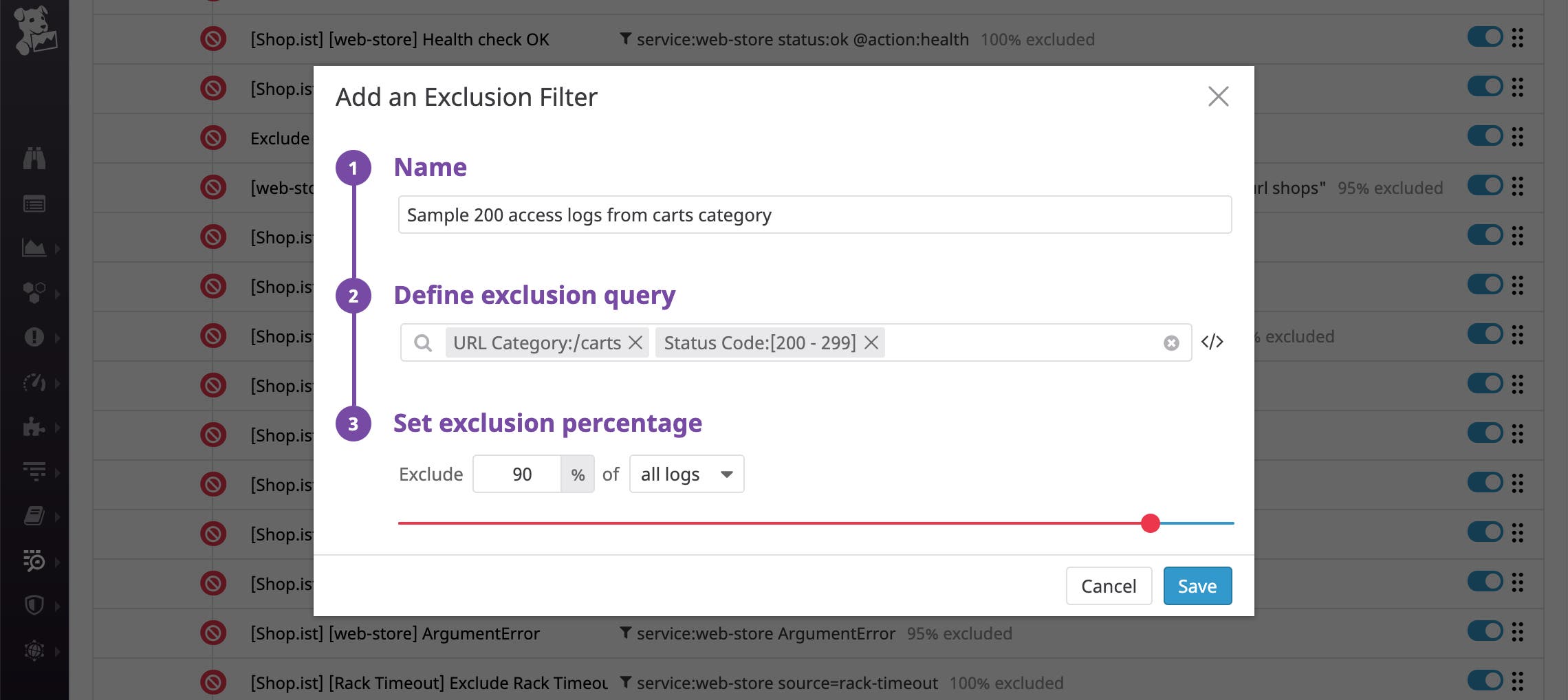 To save on costs, you can configure the exclusion filter to index only 10 percent of logs from the carts category that have a 2xx status code. To save on costs, you can configure the exclusion filter to index only 10 percent of logs from the carts category that have a 2xx status code.