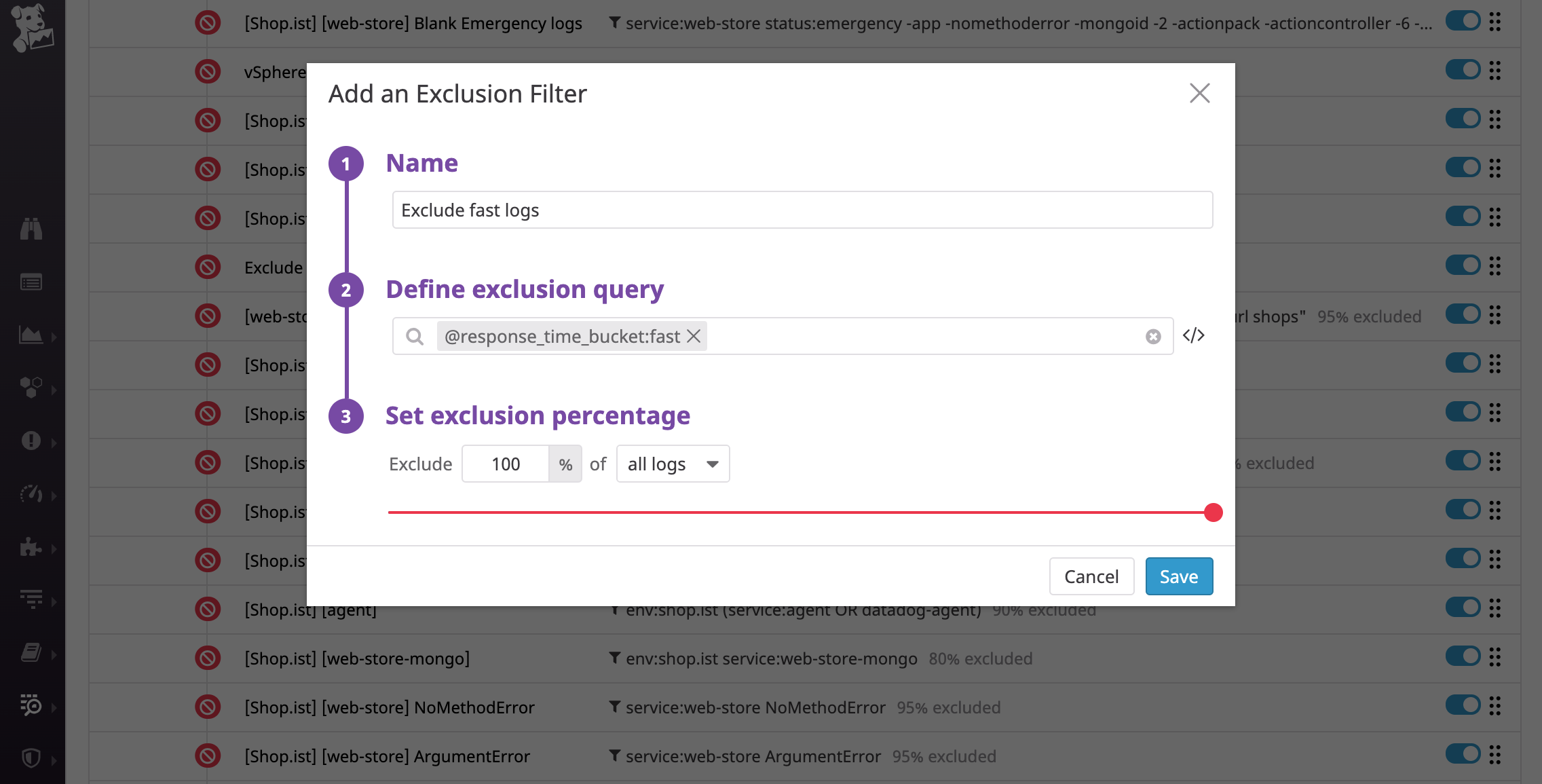 Use the response time bucket attribute to categorize logs and avoid indexing logs that have a fast response time, for more cost-effective monitoring.