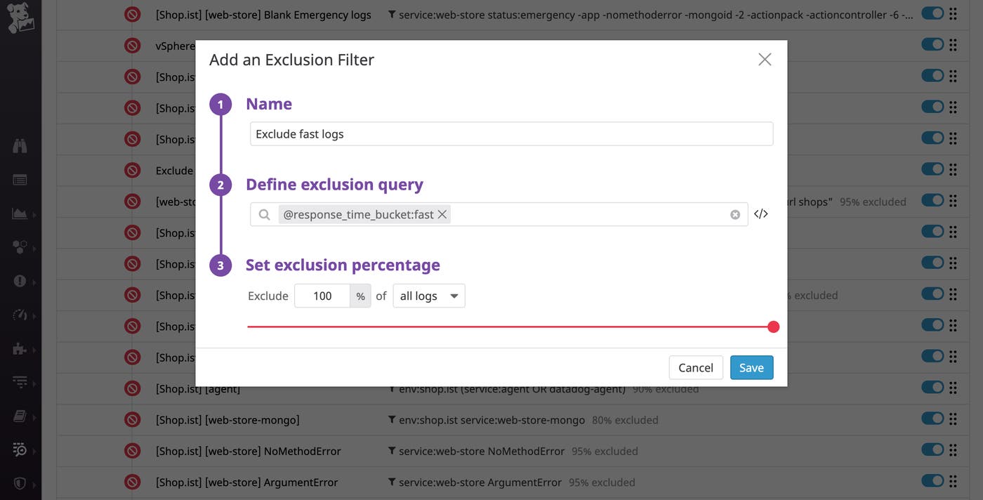 Use the response time bucket attribute to categorize logs and avoid indexing logs that have a fast response time, for more cost-effective monitoring. Use the response time bucket attribute to categorize logs and avoid indexing logs that have a fast response time, for more cost-effective monitoring.
