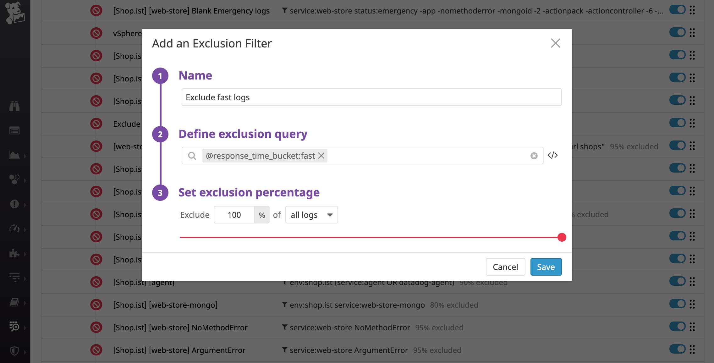 Use the response time bucket attribute to categorize logs and avoid indexing logs that have a fast response time, for more cost-effective monitoring. Use the response time bucket attribute to categorize logs and avoid indexing logs that have a fast response time, for more cost-effective monitoring.
