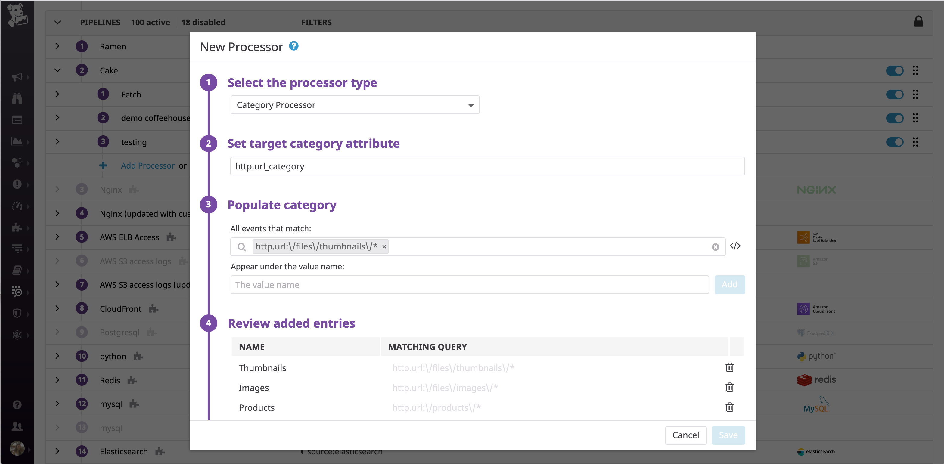 Categorize logs into URL-based categories with a category processor in datadog log management.