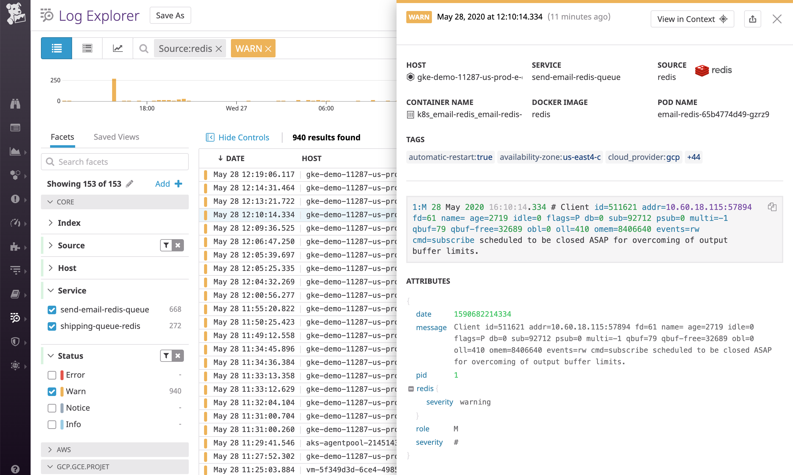 Datadog helps you categorize logs by severity by creating a standard status attribute based on the log severity level. This redis log has been mapped to a WARN status based on the severity symbol in the message.