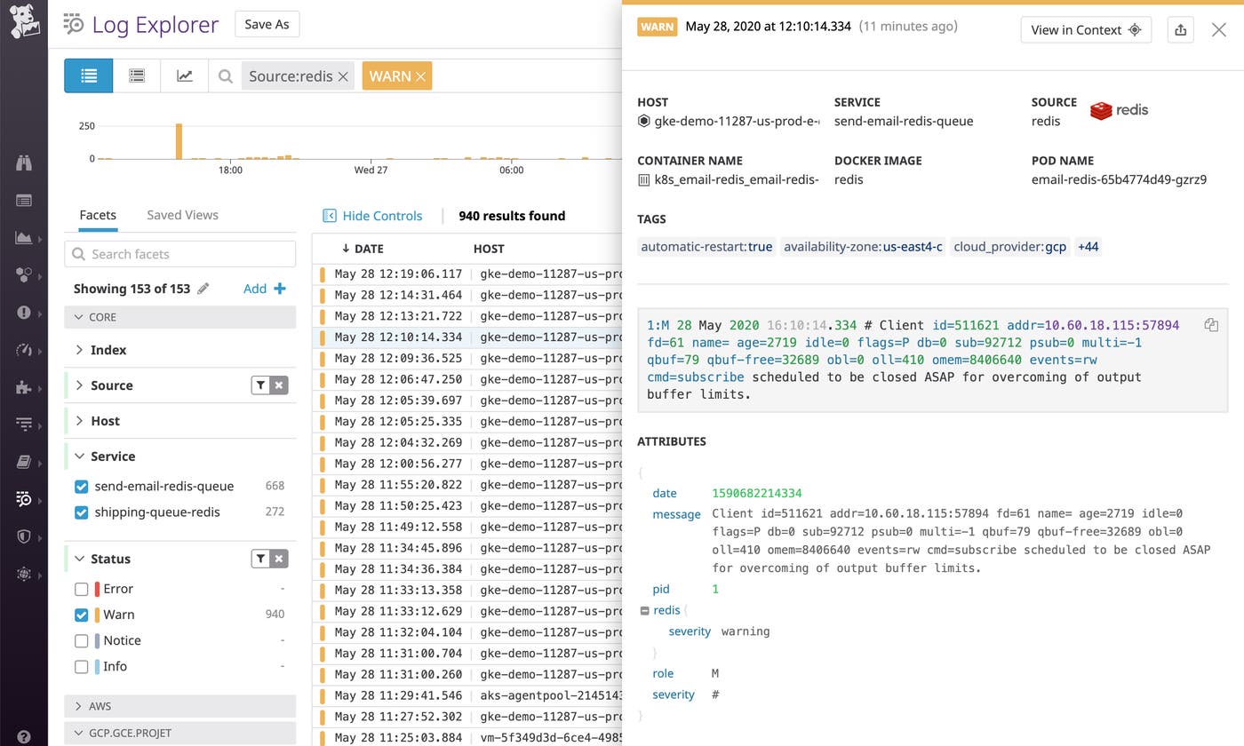 Datadog helps you categorize logs by severity by creating a standard status attribute based on the log severity level. This redis log has been mapped to a WARN status based on the severity symbol in the message. Datadog helps you categorize logs by severity by creating a standard status attribute based on the log severity level. This redis log has been mapped to a WARN status based on the severity symbol in the message.
