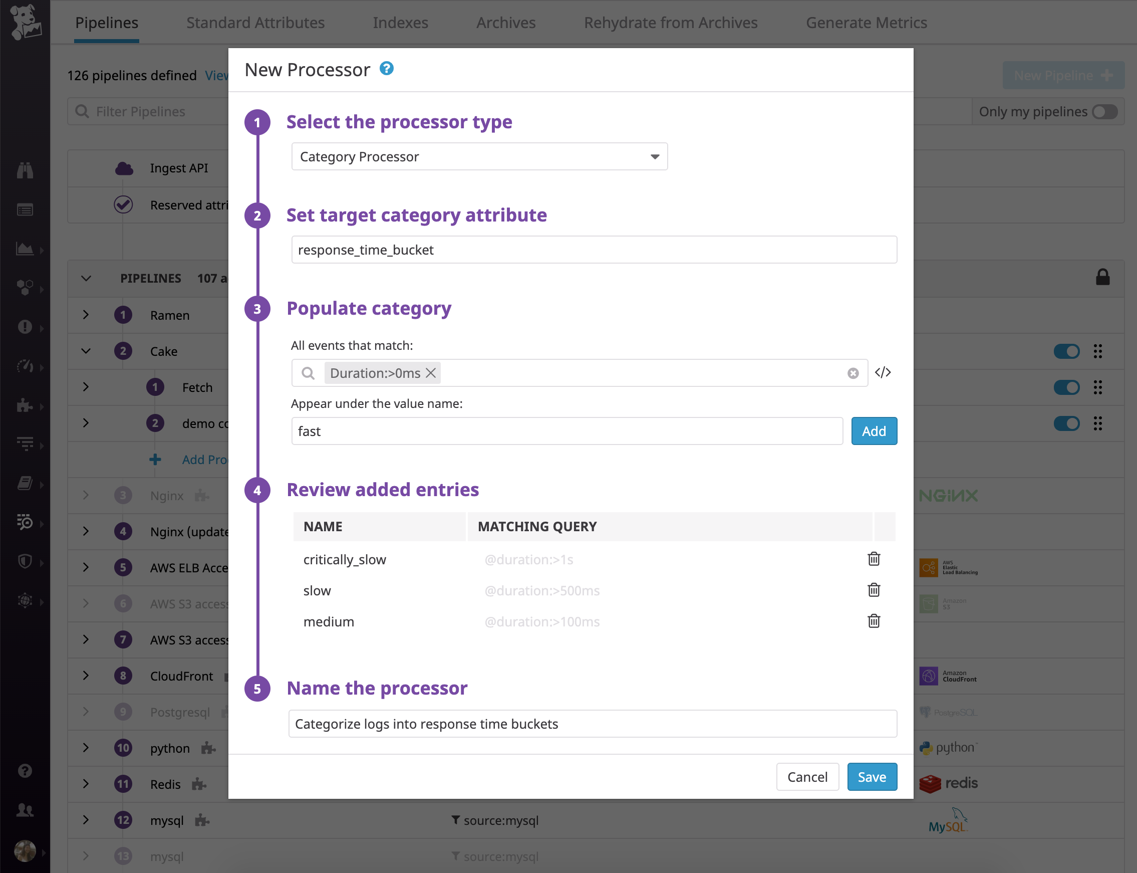To categorize logs into response time buckets, add a category processor to your Datadog log processing pipeline that parses and evaluates the value of the duration attribute against a set of rules.