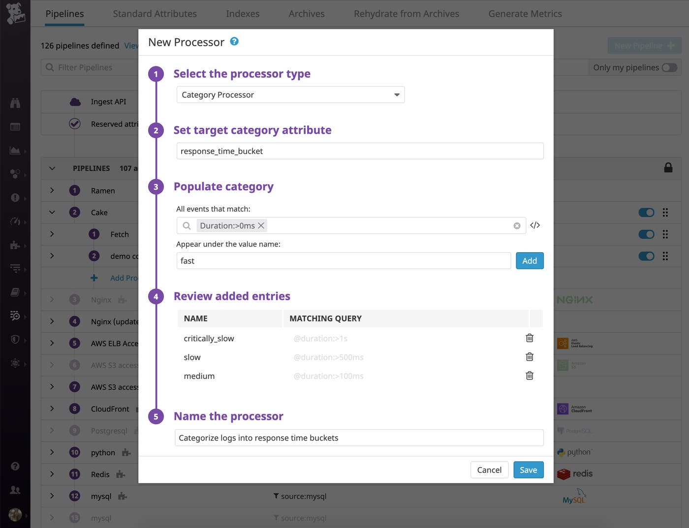 To categorize logs into response time buckets, add a category processor to your Datadog log processing pipeline that parses and evaluates the value of the duration attribute against a set of rules. To categorize logs into response time buckets, add a category processor to your Datadog log processing pipeline that parses and evaluates the value of the duration attribute against a set of rules.