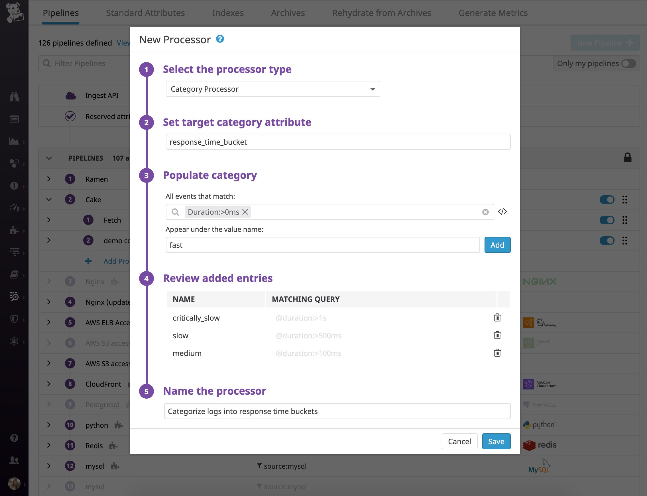 To categorize logs into response time buckets, add a category processor to your Datadog log processing pipeline that parses and evaluates the value of the duration attribute against a set of rules. To categorize logs into response time buckets, add a category processor to your Datadog log processing pipeline that parses and evaluates the value of the duration attribute against a set of rules.