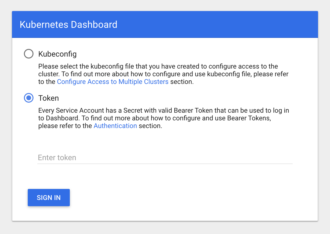 The Kubernetes dashboard login screen