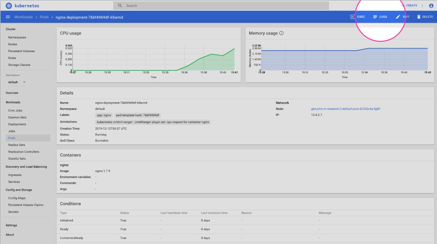 View pod logs from Kubernetes dashboard View pod logs from Kubernetes dashboard