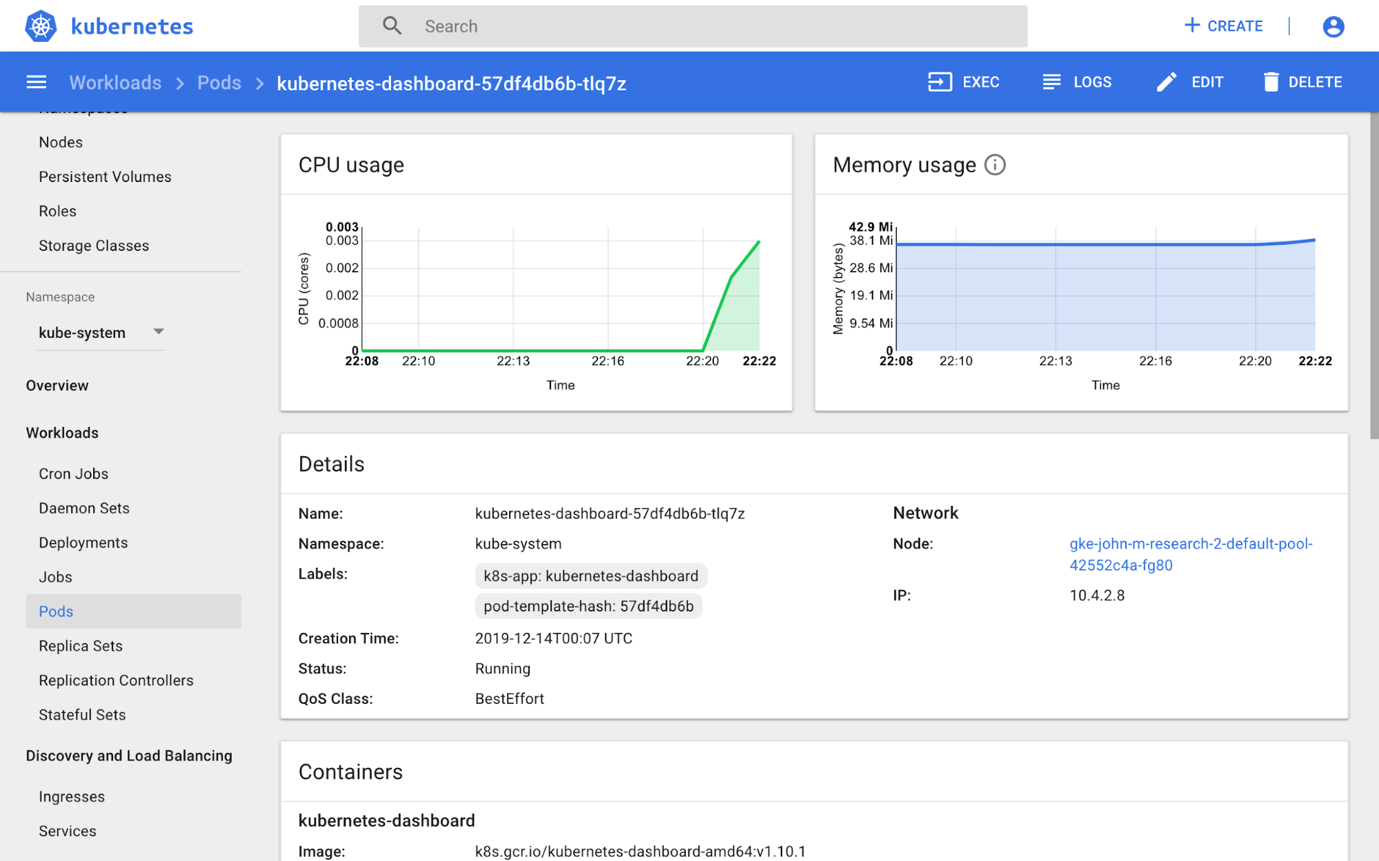 Kubernetes Dashboard pod view