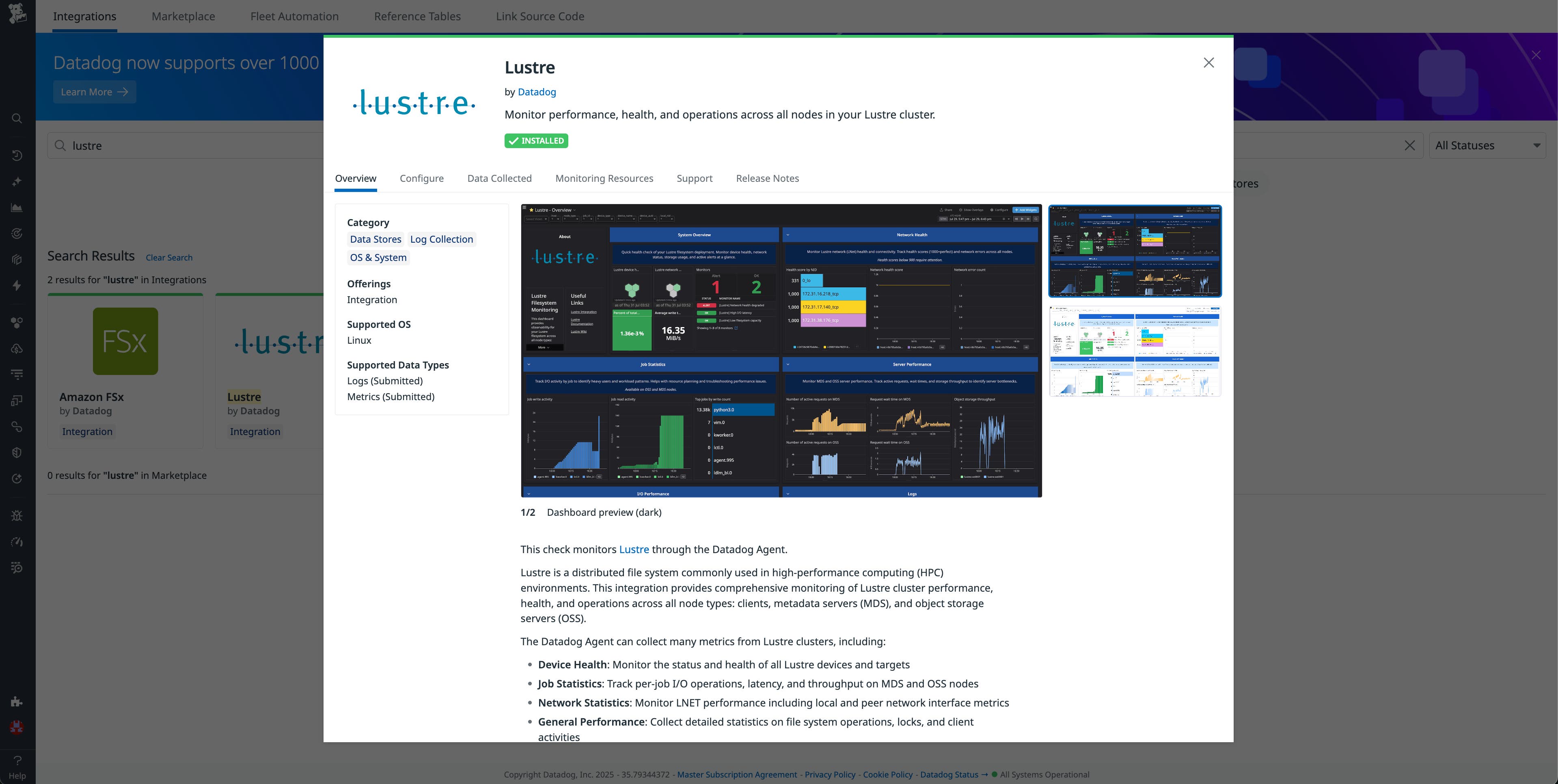 Screenshot of Datadog’s integration with Lustre. Screenshot of Datadog’s integration with Lustre.