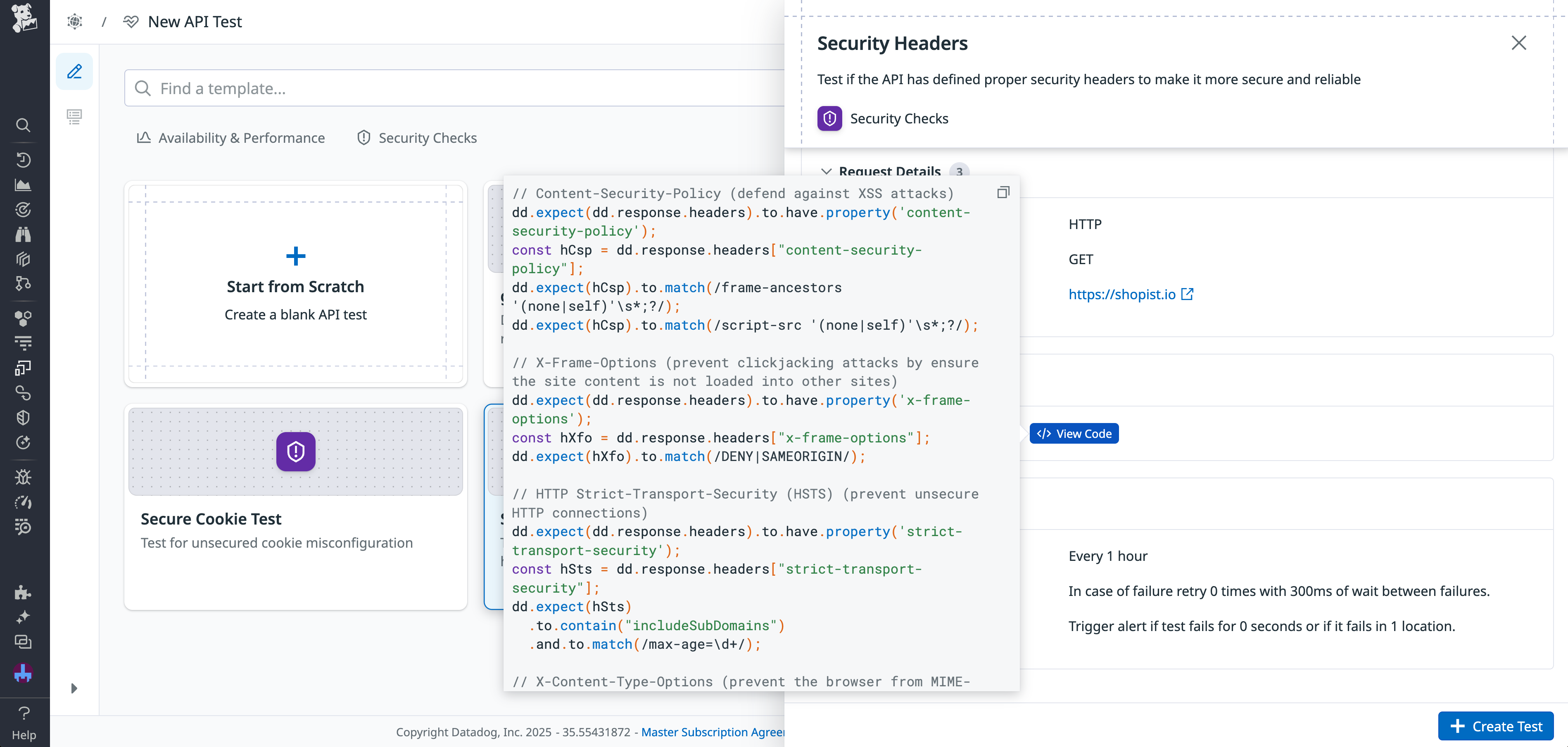 Code showing default security header checks for a test created with the Security Headers template.