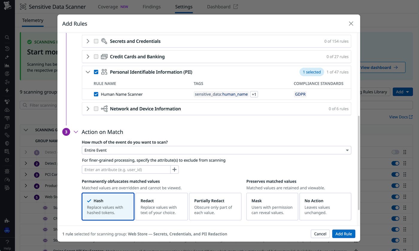 Screenshot of a rule configuration with the Human Name Scanner rule enabled and hashing selected. Screenshot of a rule configuration with the Human Name Scanner rule enabled and hashing selected.