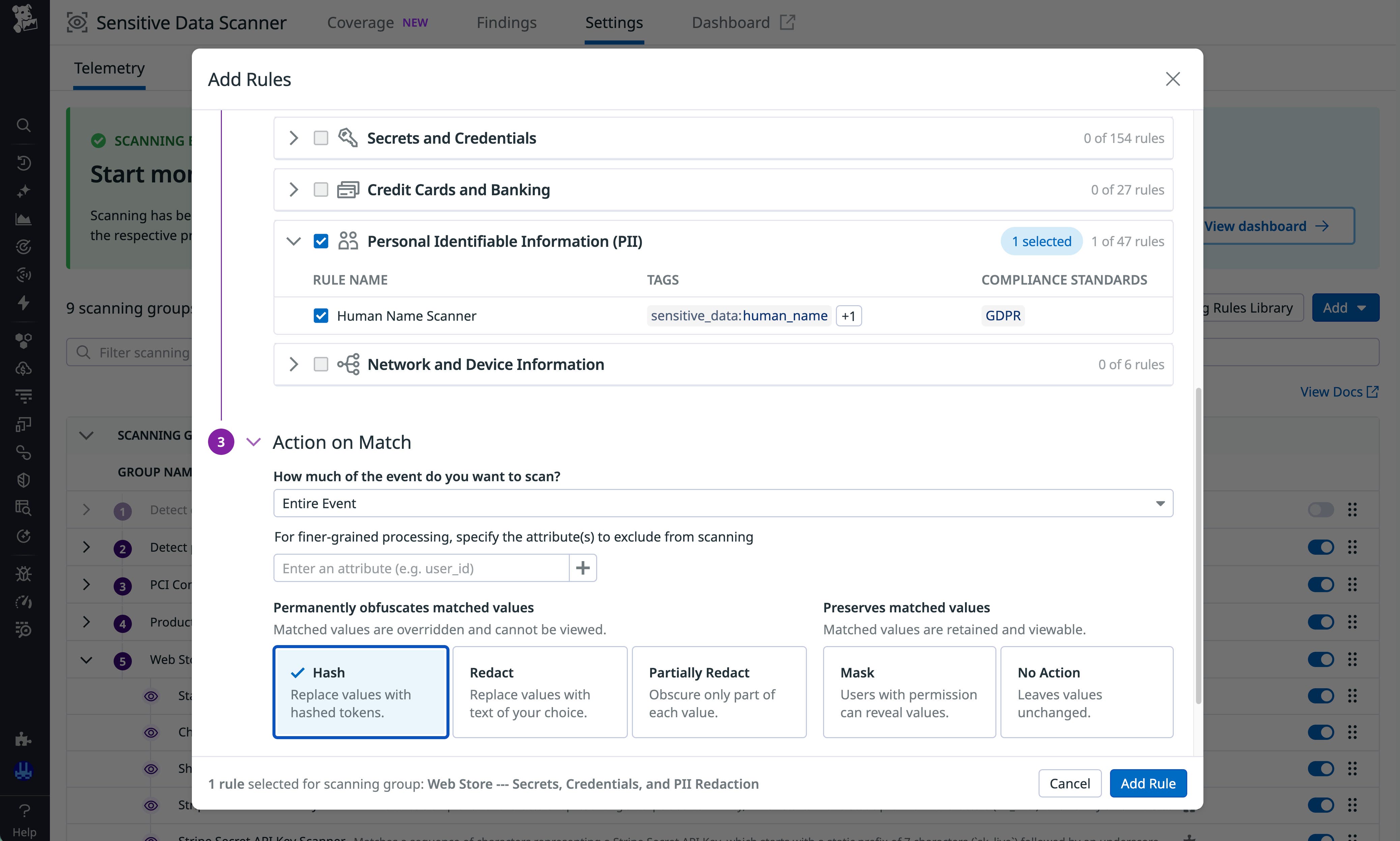 Screenshot of a rule configuration with the Human Name Scanner rule enabled and hashing selected. Screenshot of a rule configuration with the Human Name Scanner rule enabled and hashing selected.