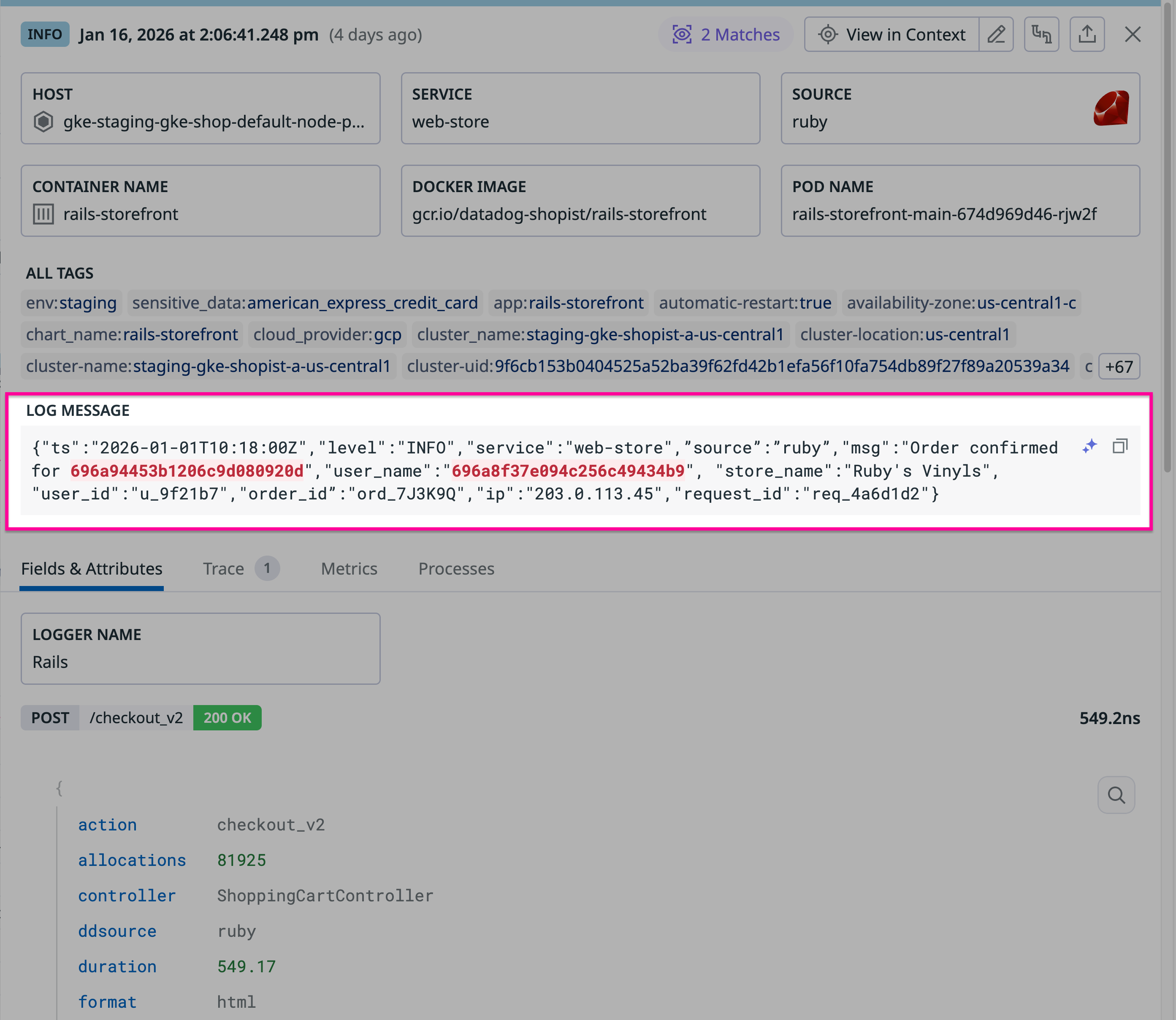 Screenshot of the log message where John O’Connor’s name is hashed with a lengthy alphanumeric identifier.