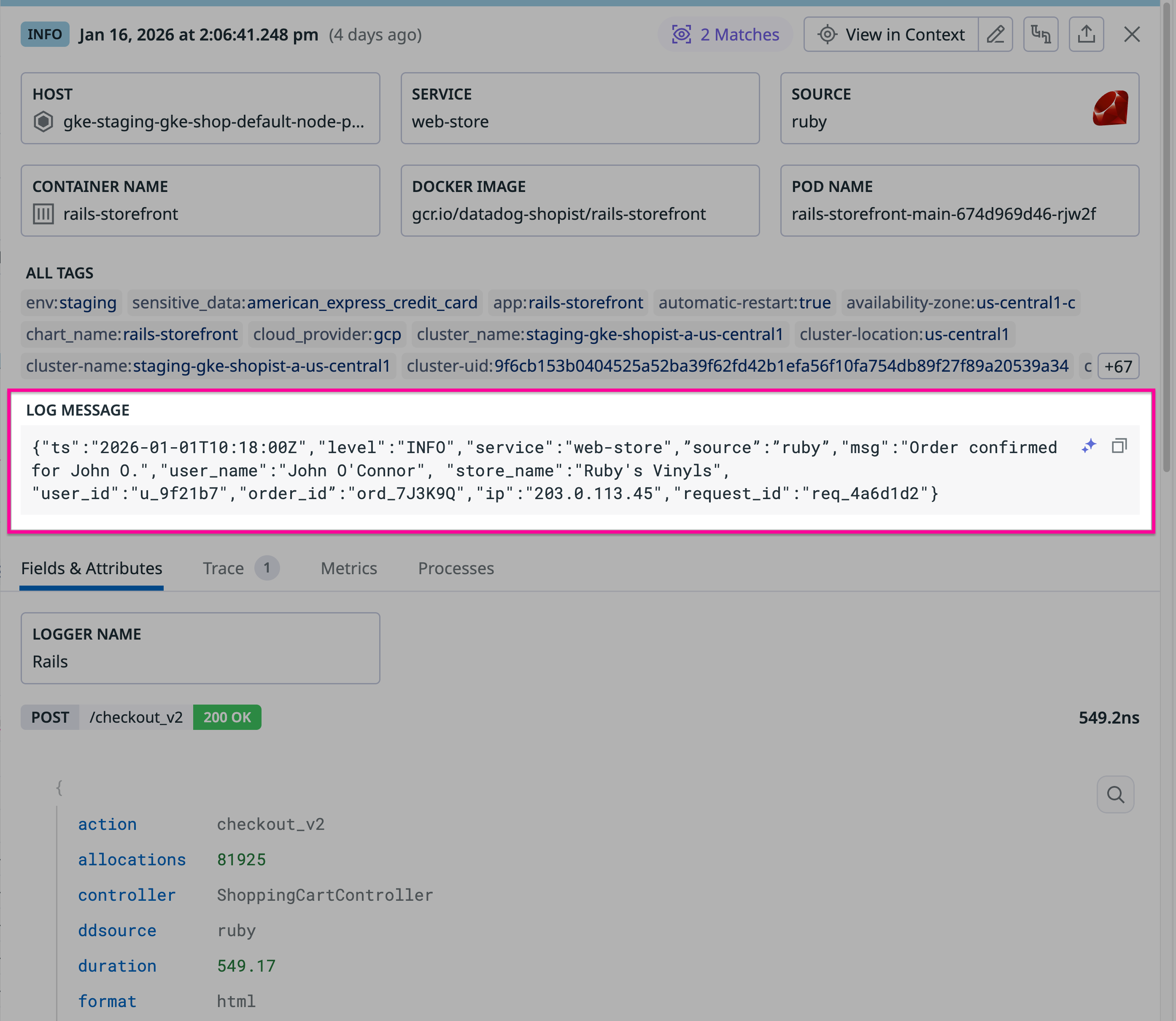 Screenshot of a log message that confirms an order by John O’Connor from Ruby’s Vinyls.