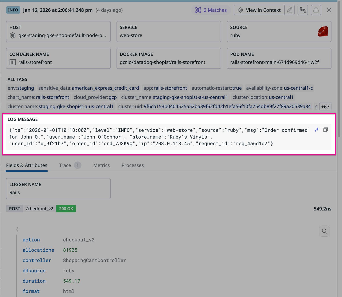 Screenshot of a log message that confirms an order by John O’Connor from Ruby’s Vinyls. Screenshot of a log message that confirms an order by John O’Connor from Ruby’s Vinyls.