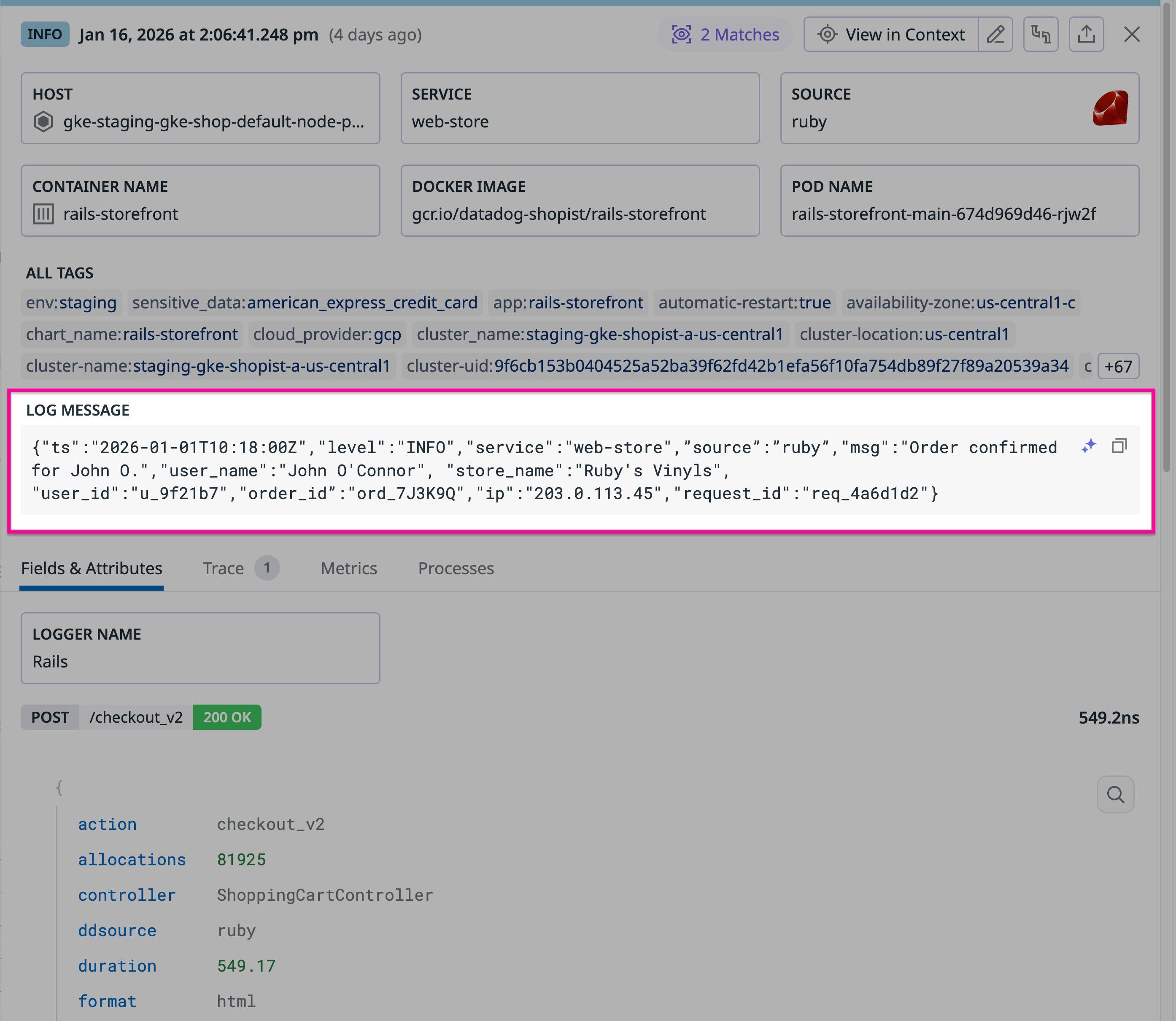 Screenshot of a log message that confirms an order by John O’Connor from Ruby’s Vinyls. Screenshot of a log message that confirms an order by John O’Connor from Ruby’s Vinyls.