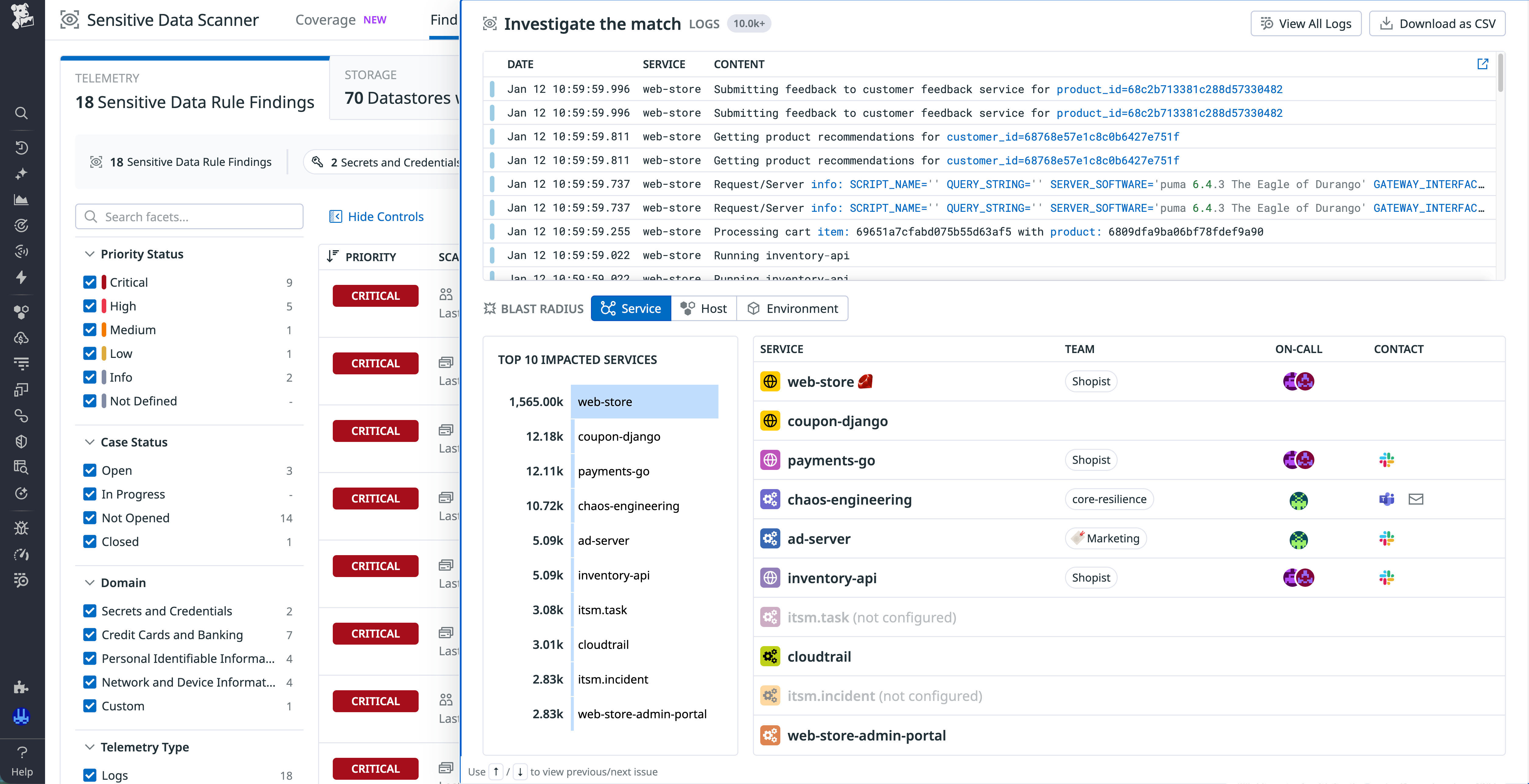 Screenshot of a finding by human name detection. The finding provides a list of logs to investigate and notes the impacted services.