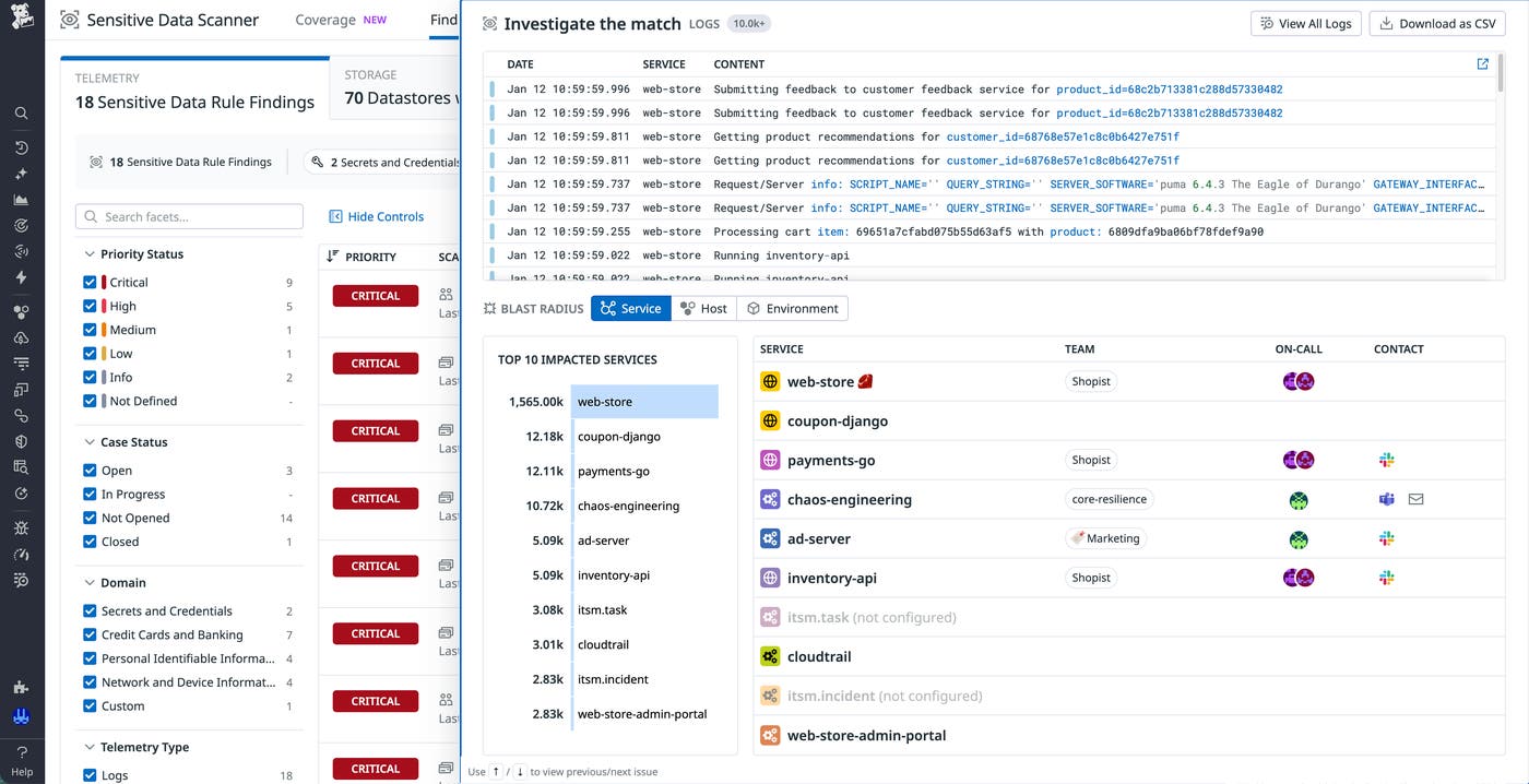 Screenshot of a finding by human name detection. The finding provides a list of logs to investigate and notes the impacted services. Screenshot of a finding by human name detection. The finding provides a list of logs to investigate and notes the impacted services.