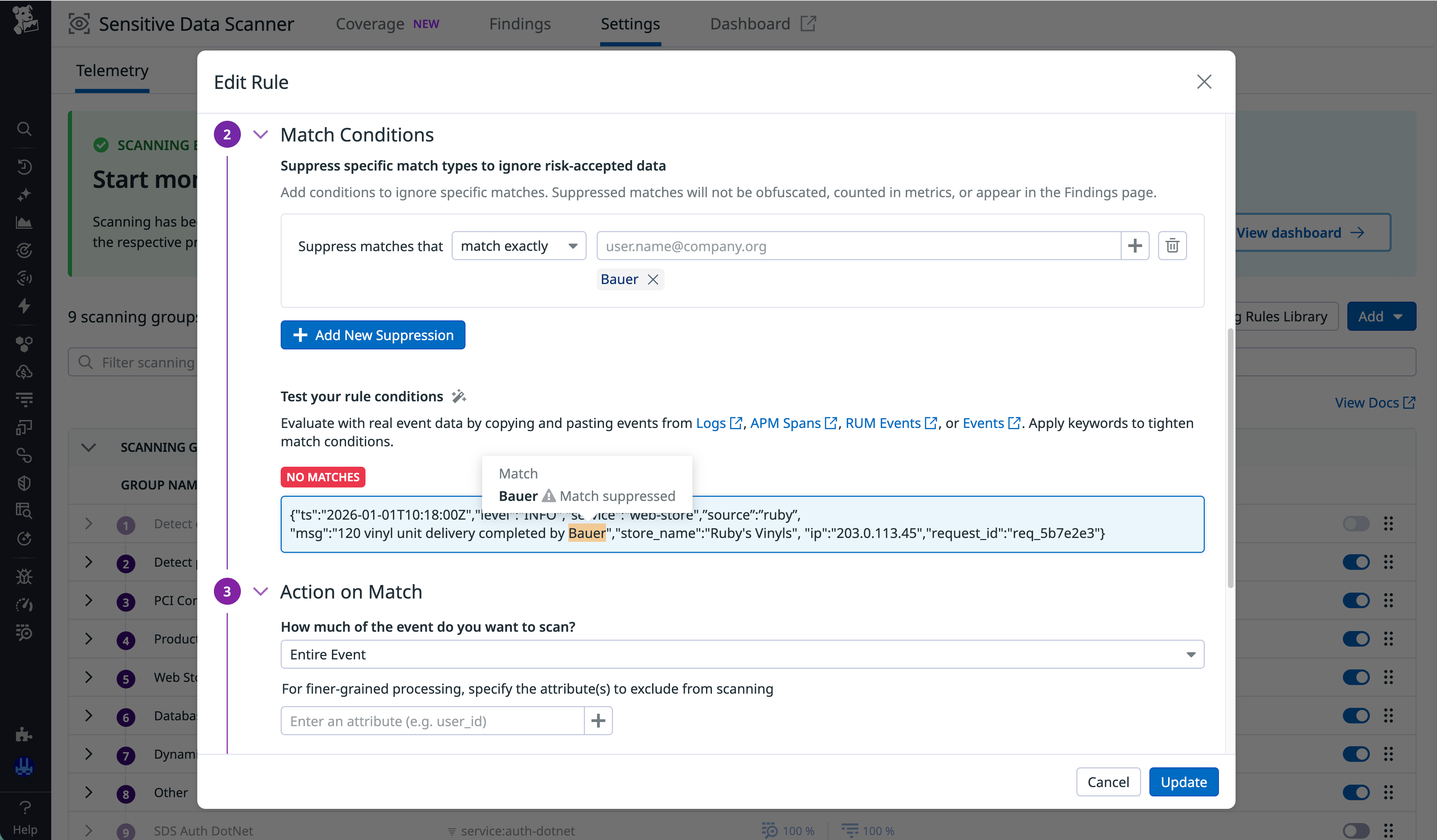 Screenshot of functionality to edit the Human Name Scanner rule to add a suppression.