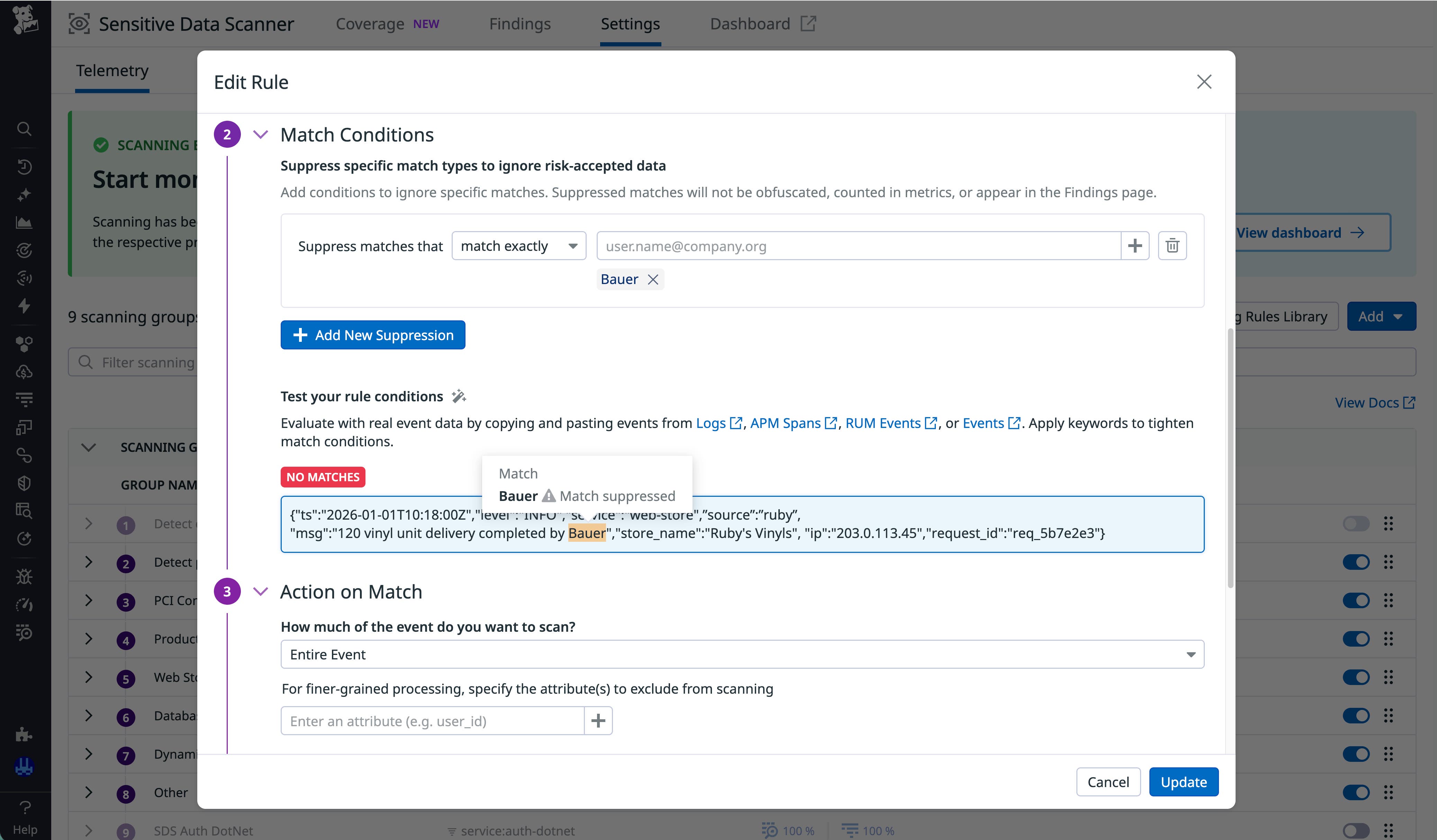 Screenshot of functionality to edit the Human Name Scanner rule to add a suppression. Screenshot of functionality to edit the Human Name Scanner rule to add a suppression.