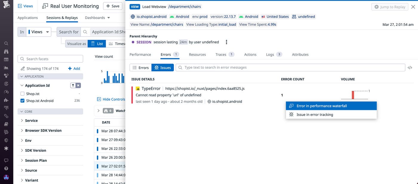 Panel displaying a hybrid app error message, with menu options to view the error in Error Tracking or a performance waterfall. Panel displaying a hybrid app error message, with menu options to view the error in Error Tracking or a performance waterfall.