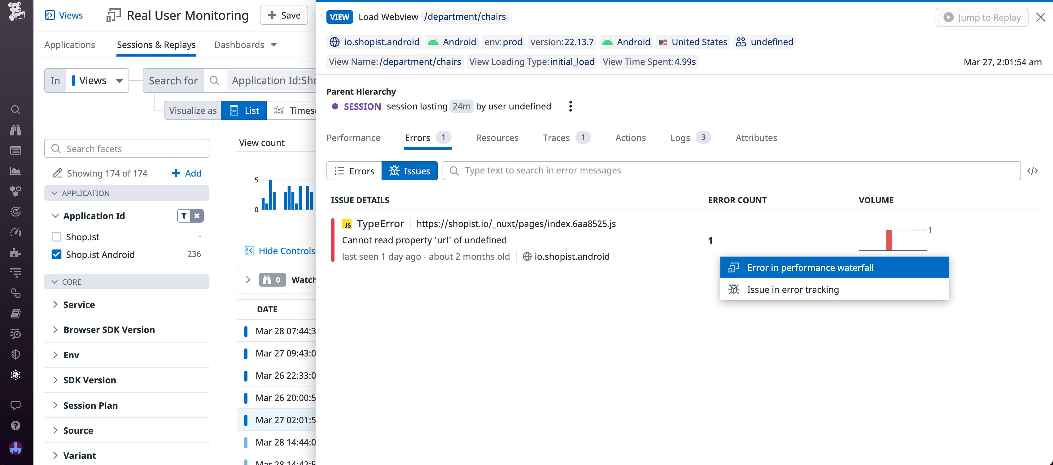 Panel displaying a hybrid app error message, with menu options to view the error in Error Tracking or a performance waterfall. Panel displaying a hybrid app error message, with menu options to view the error in Error Tracking or a performance waterfall.